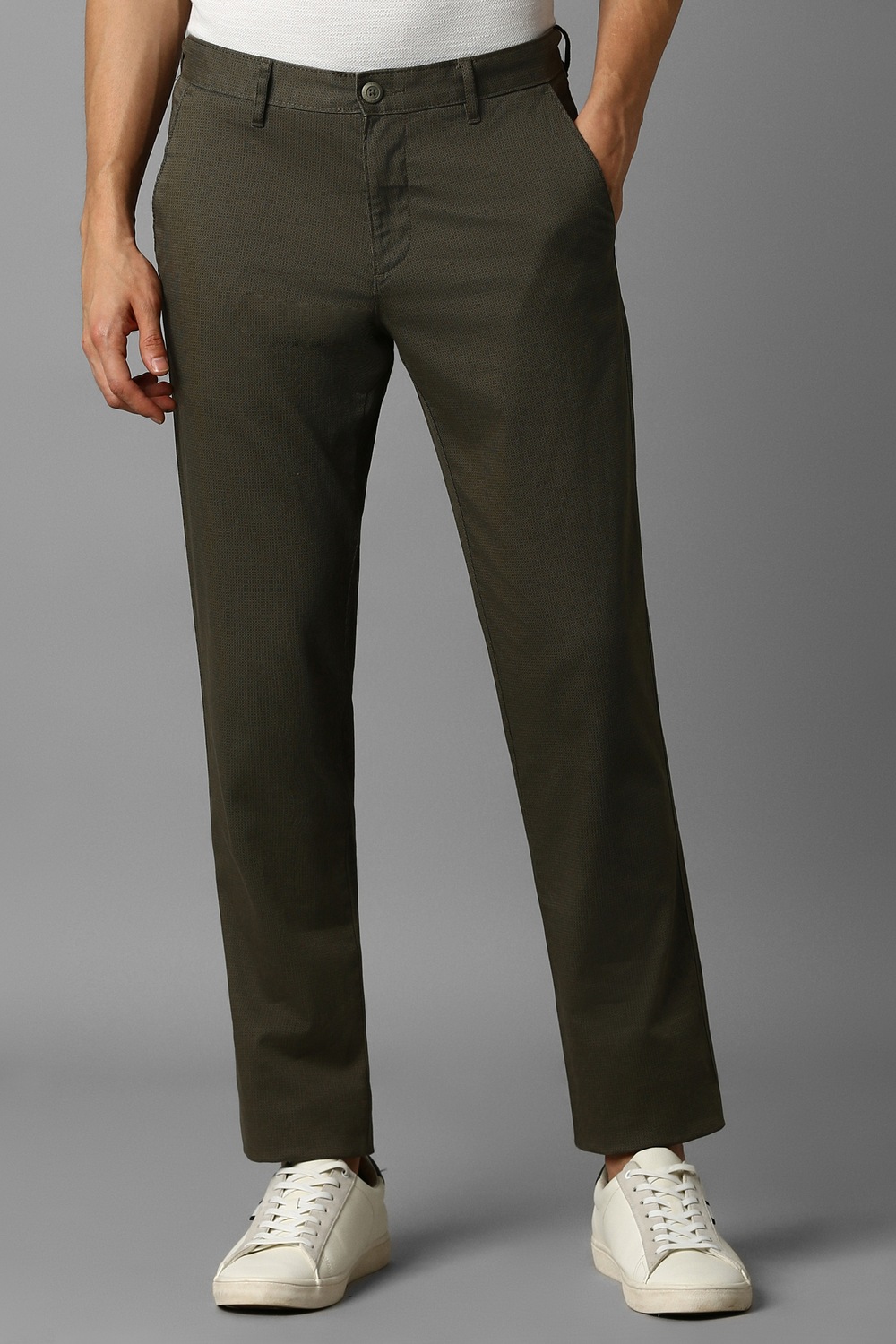 Men Olive Textured Flat Front Casual Trousers-Olive