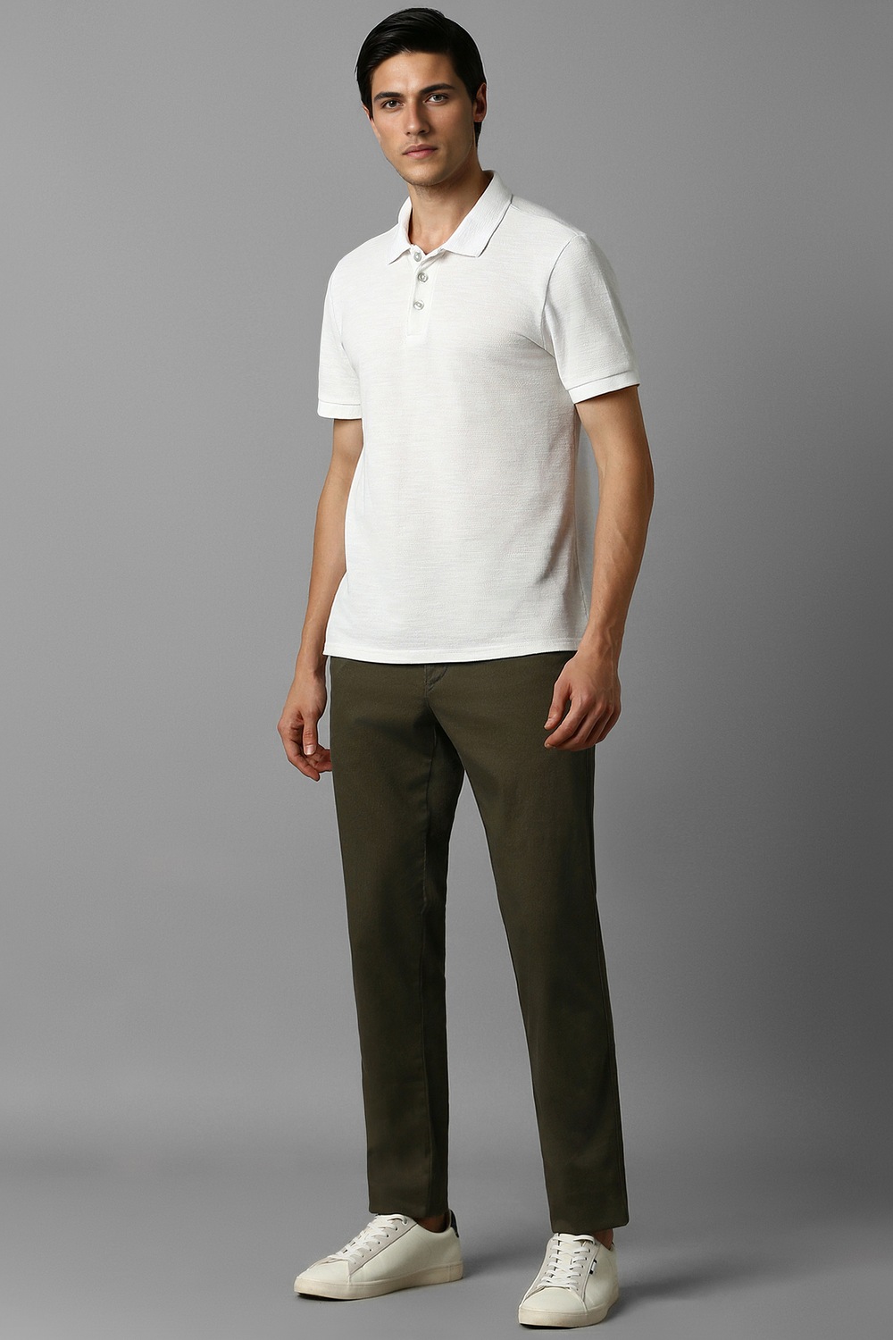 Men Olive Textured Flat Front Casual Trousers-Olive