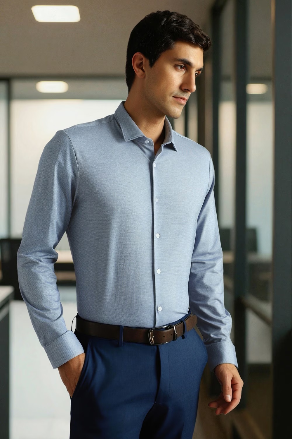 Men Light Blue Textured Full Sleeves Formal Shirt-Light Blue