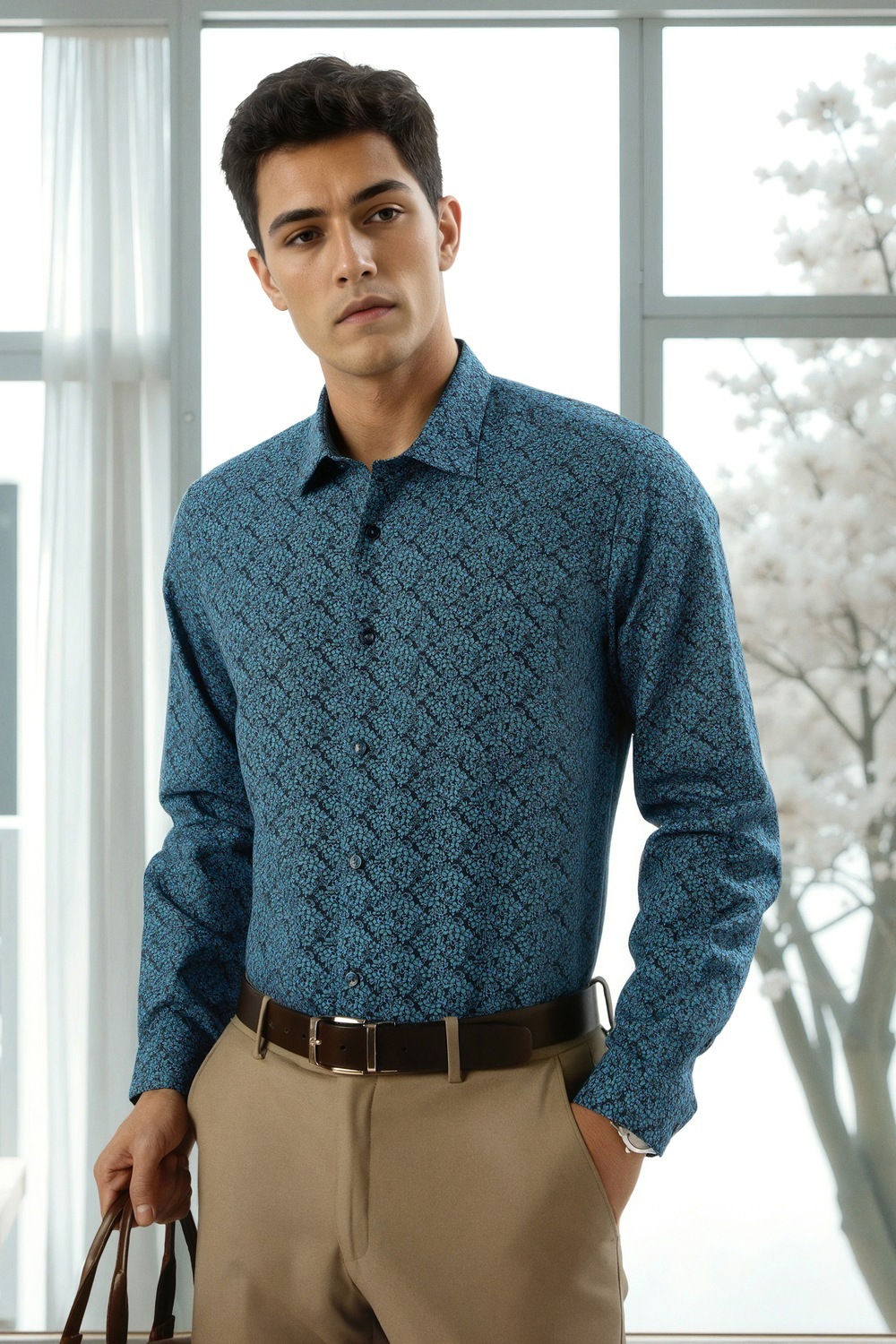 Men Blue Print Full Sleeves Formal Shirt-Blue