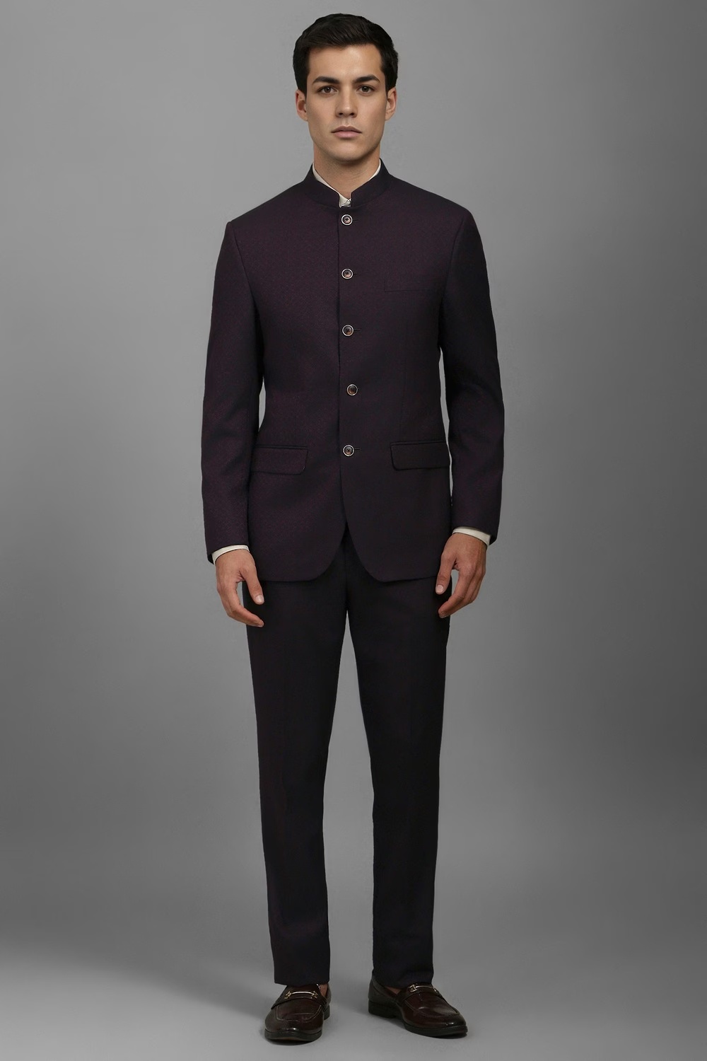 Men Maroon Regular Fit Textured Formal Two Piece Suit-Maroon