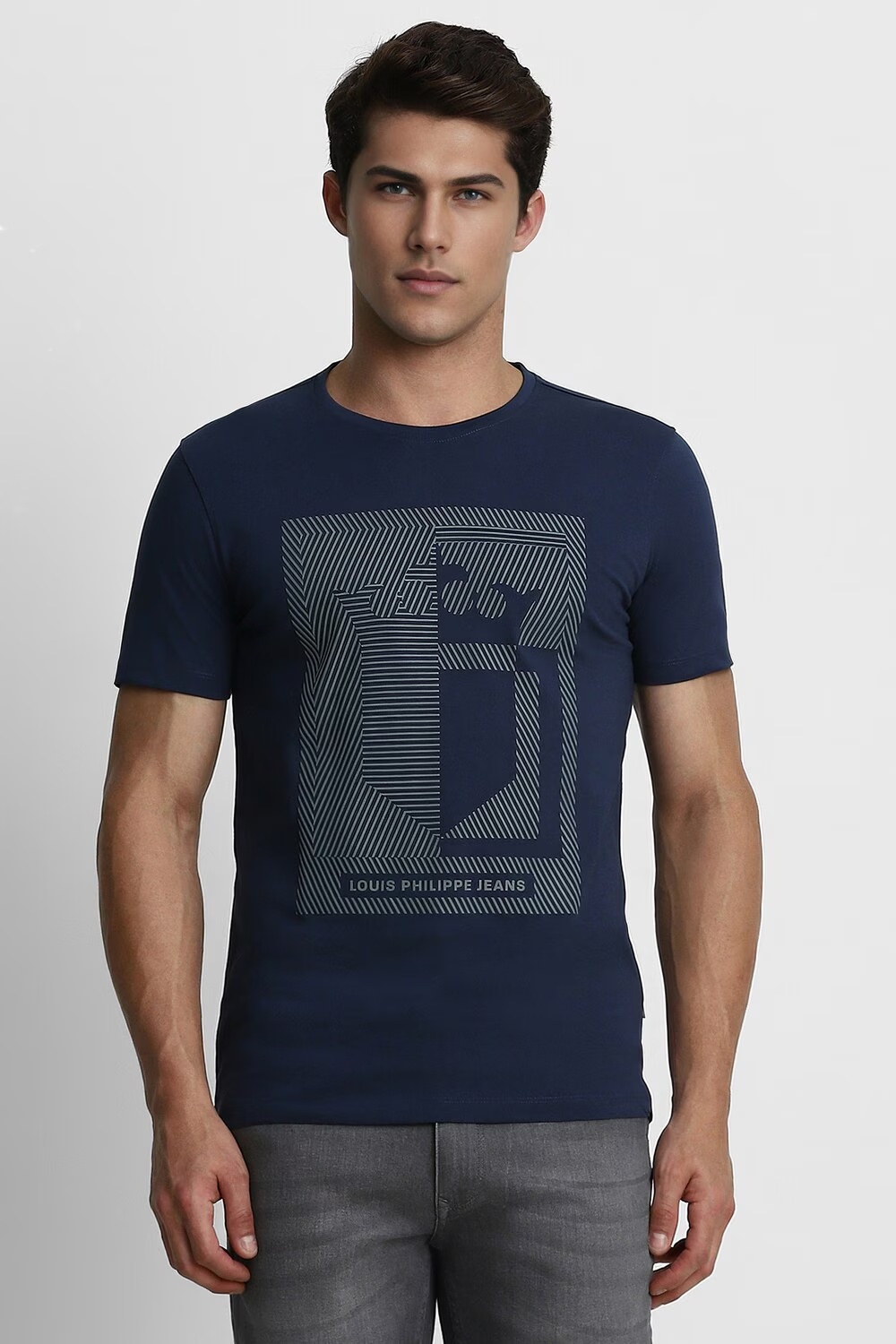 Men Navy Graphic Print Crew Neck T-shirt-Navy
