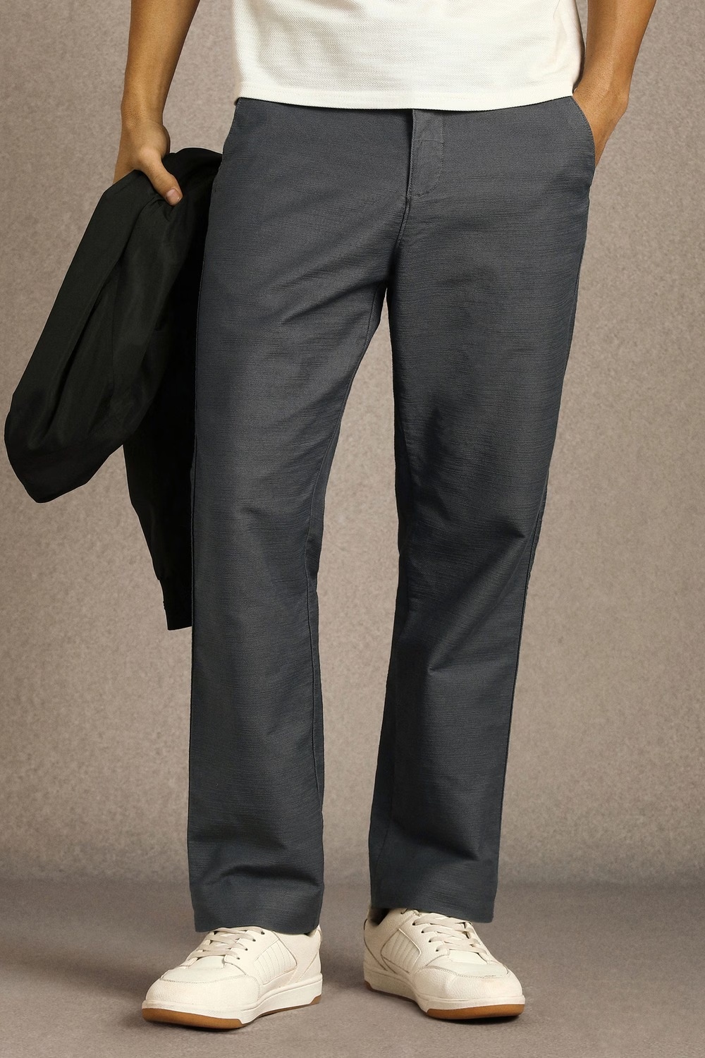Men Grey Textured Flat Front Casual Trousers-Grey