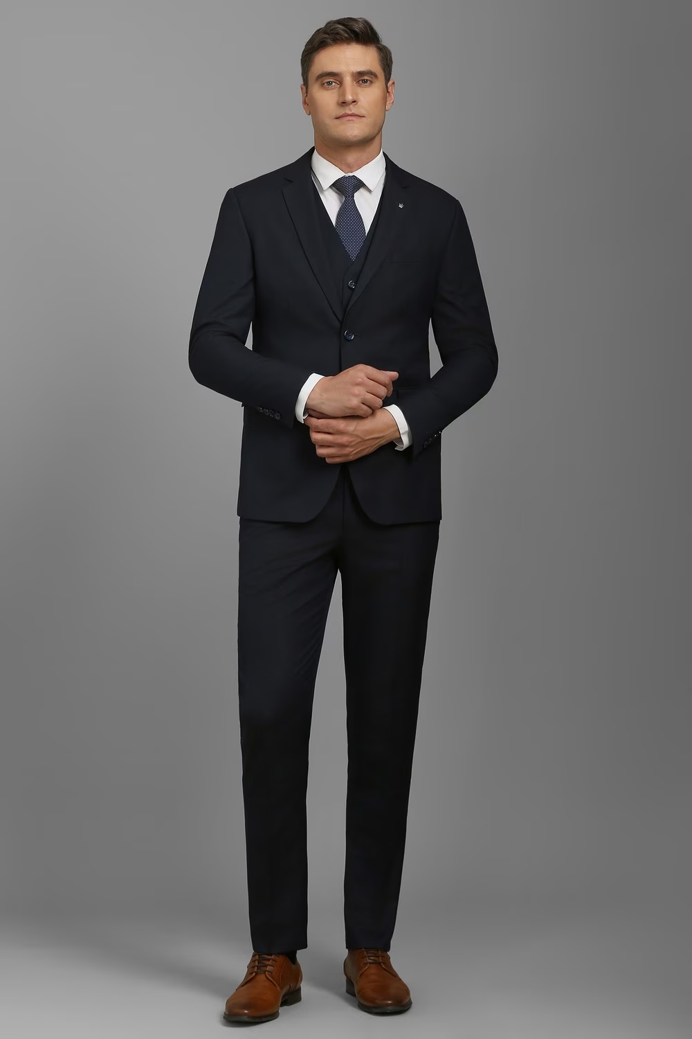 Men Navy Slim Fit Textured Formal Three Piece Suit-Navy