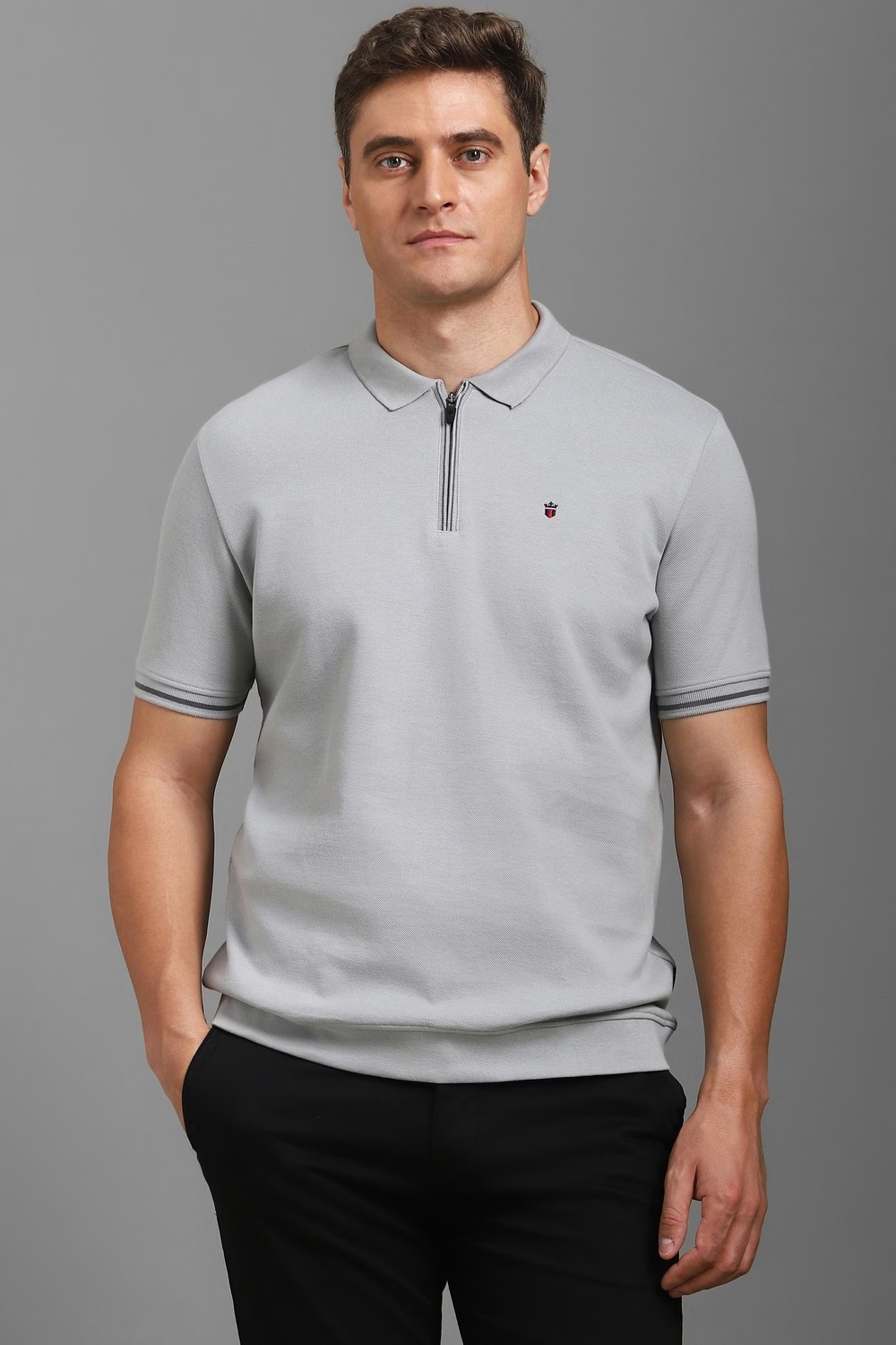 Men Grey Textured Polo Neck T-shirt-Grey