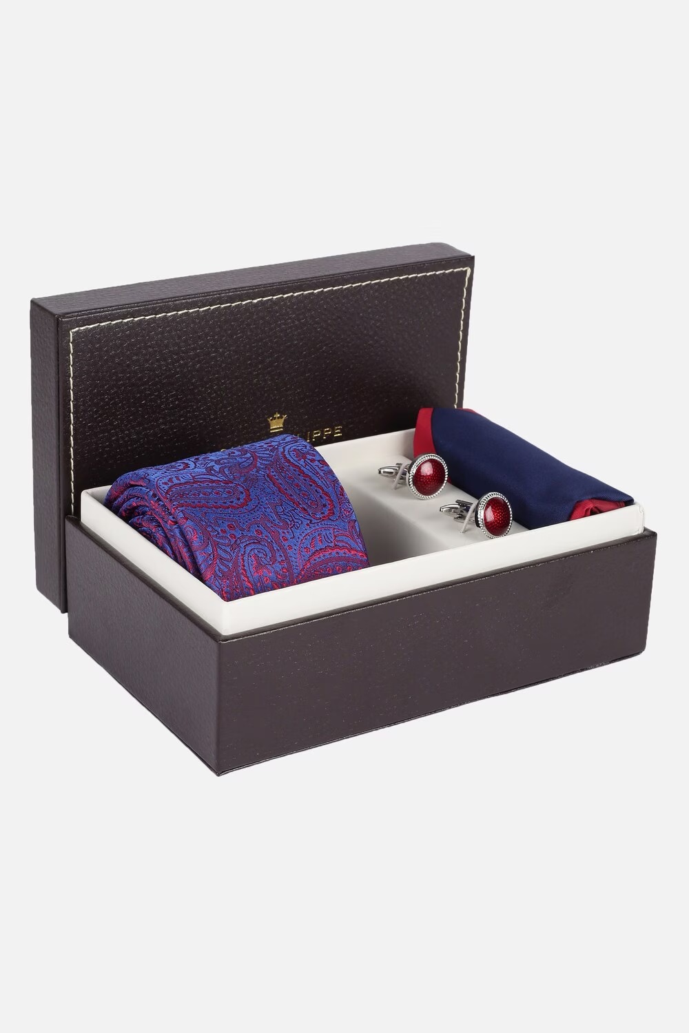 Men Blue Embroidered Tie Pocket Square And Cufflink-Blue