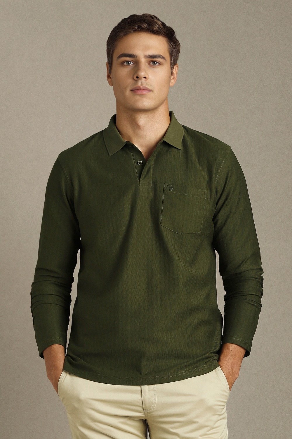 Men Olive Textured Polo Neck T-shirt-Olive