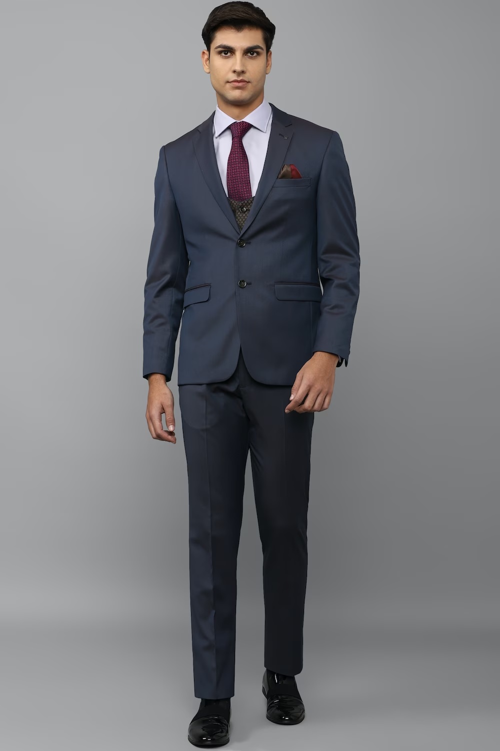 Men Navy Slim Fit Textured Formal Three Piece Suit-Navy