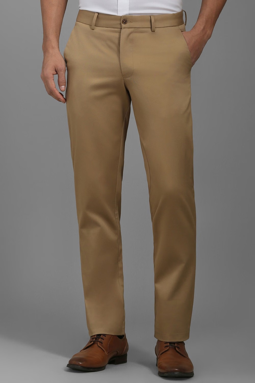 Men Khaki Slim Fit Textured Flat Front Formal Trousers-Khaki