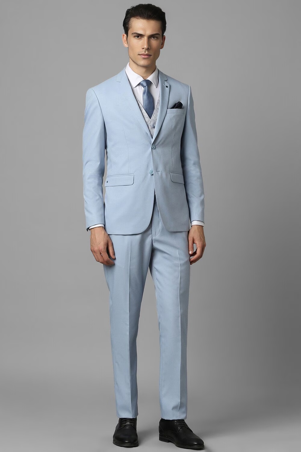 Men Blue Slim Fit Textured Formal Three Piece Suit-Blue