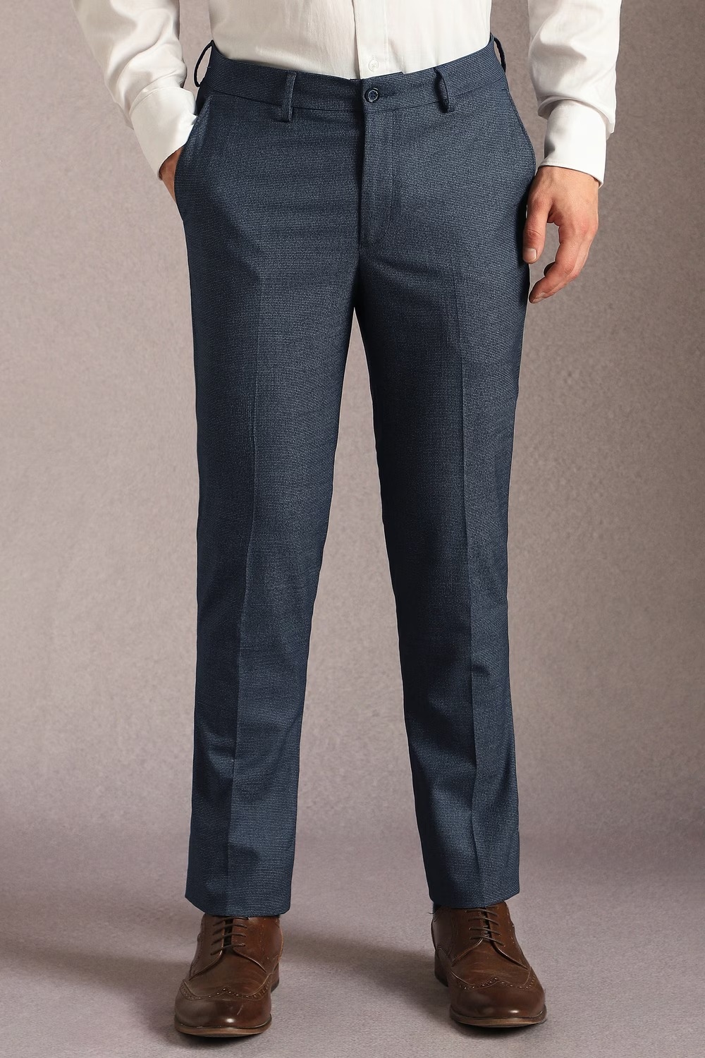 Men Navy Textured Flat Front Formal Trousers-Navy