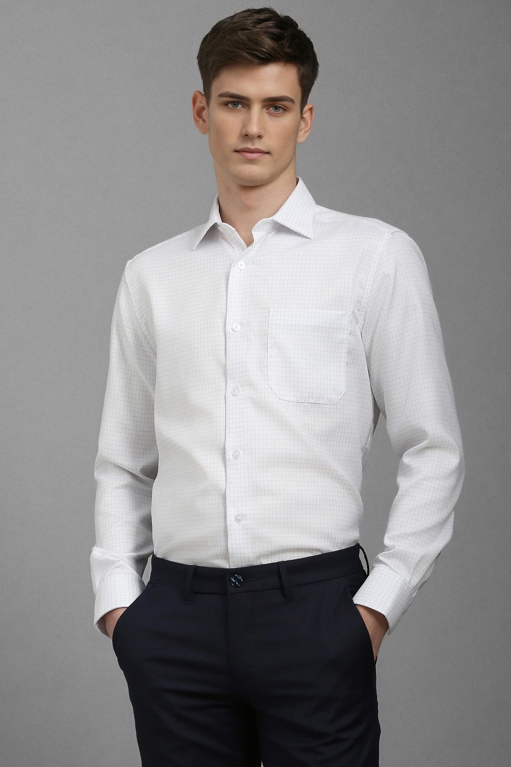 Men White Classic Fit Check Full Sleeves Formal Shirt-White