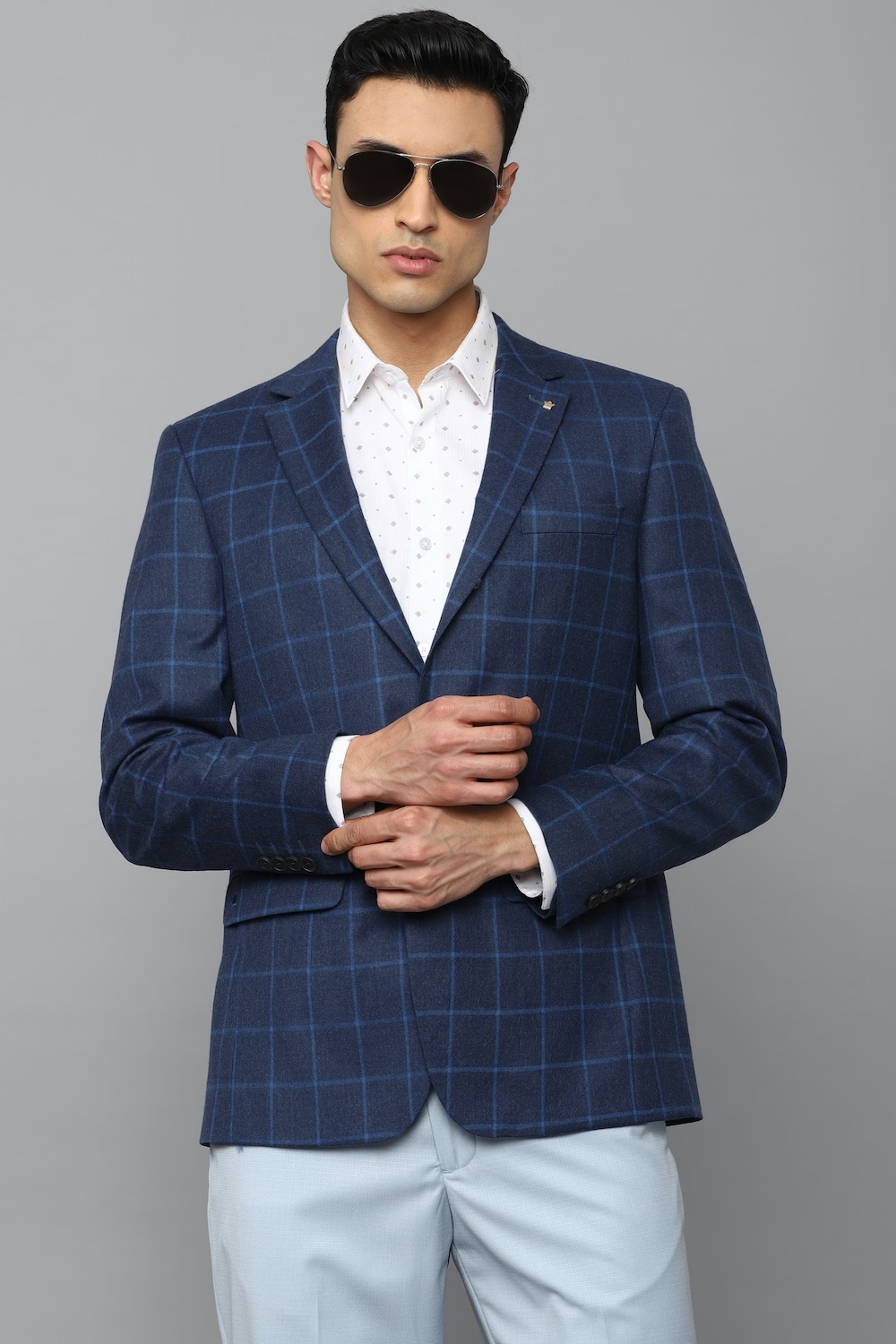 Men Blue Regular Fit Check Formal Blazer-Blue