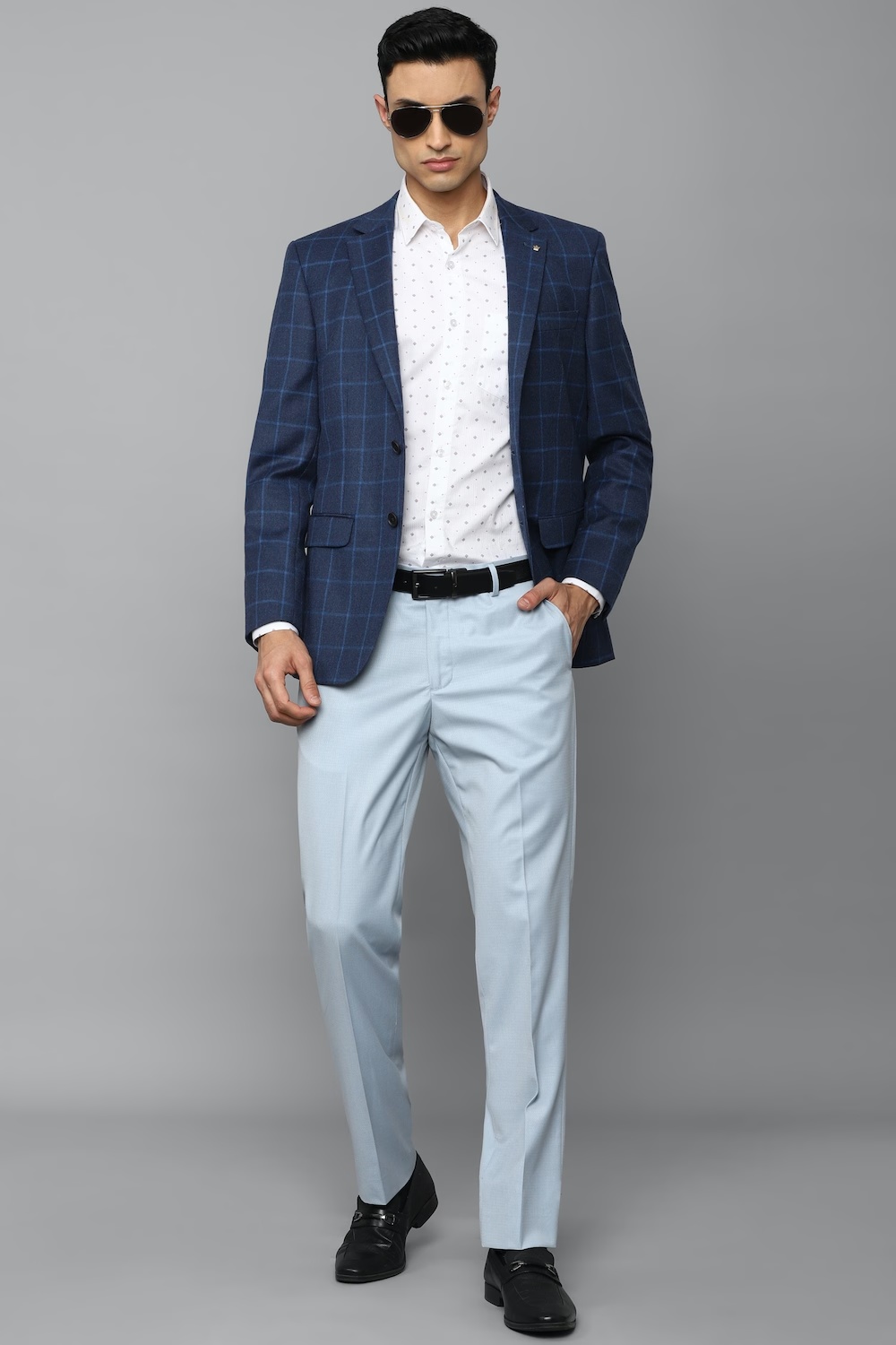 Men Blue Regular Fit Check Formal Blazer-Blue