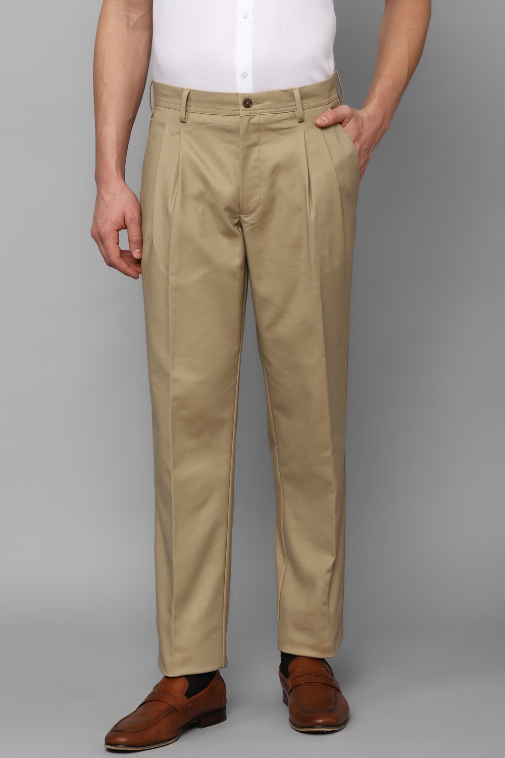 Men Khaki Classic Fit Solid Pleated Formal Trousers-Khaki