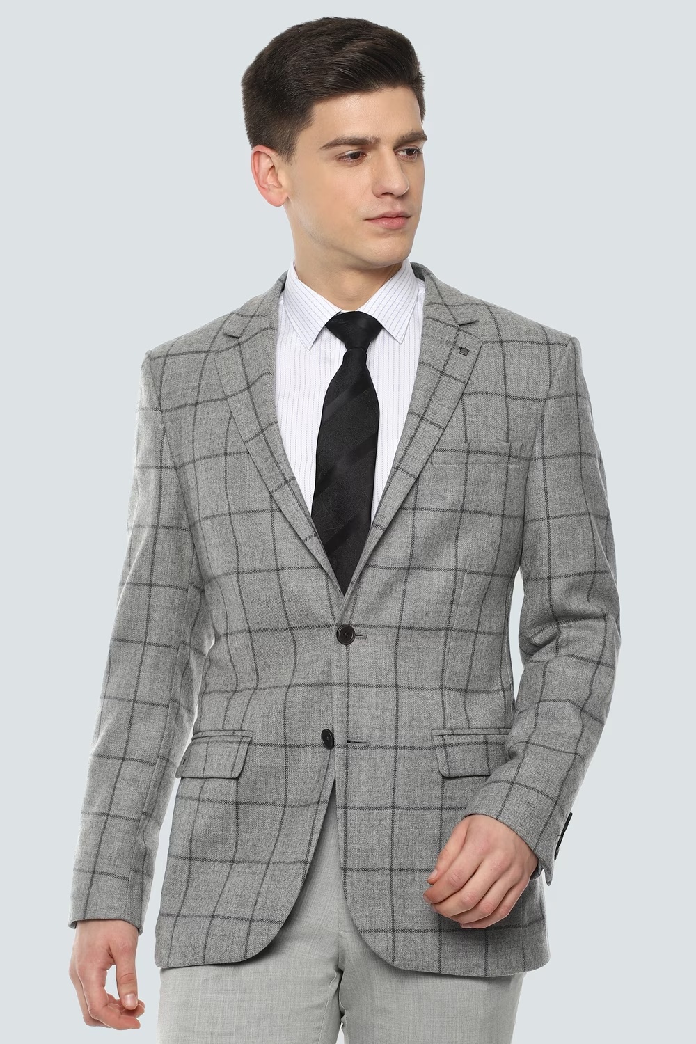 Men Grey Regular Fit Check Formal Blazer-Grey