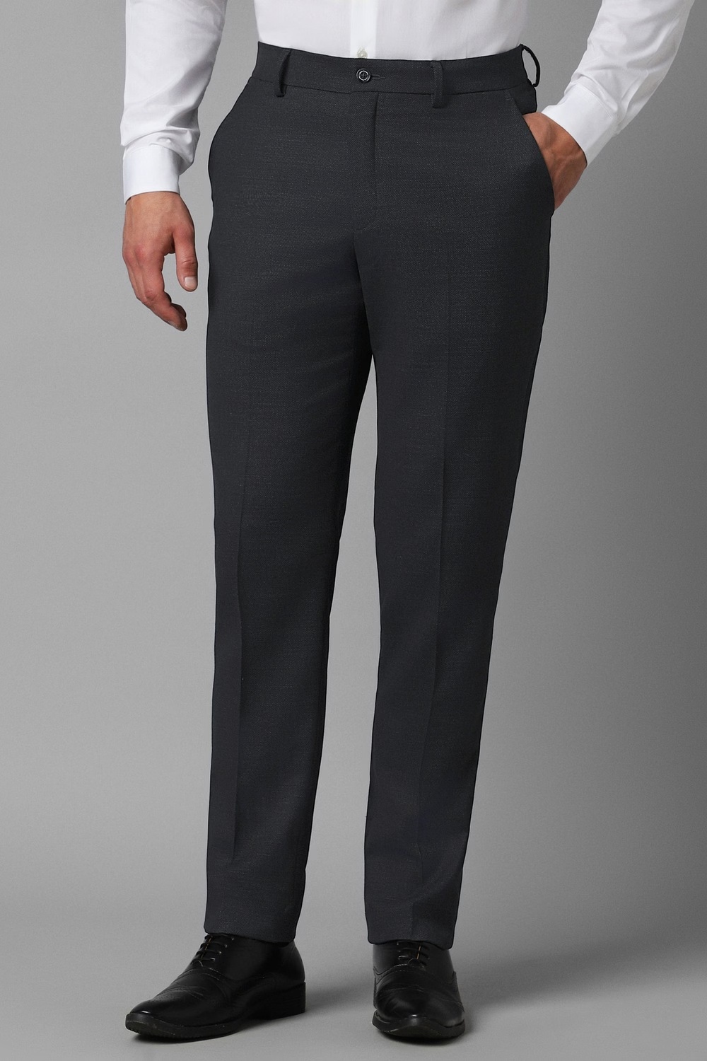 Men Black Slim Fit Textured Flat Front Formal Trousers-Black