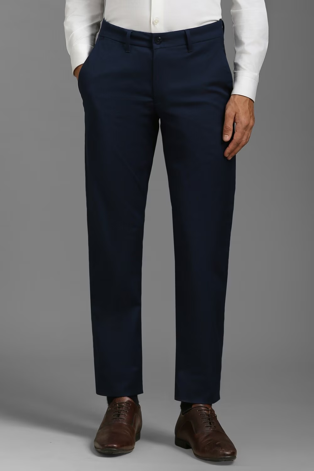 Men Navy Slim Fit Print Flat Front Casual Trousers-Navy