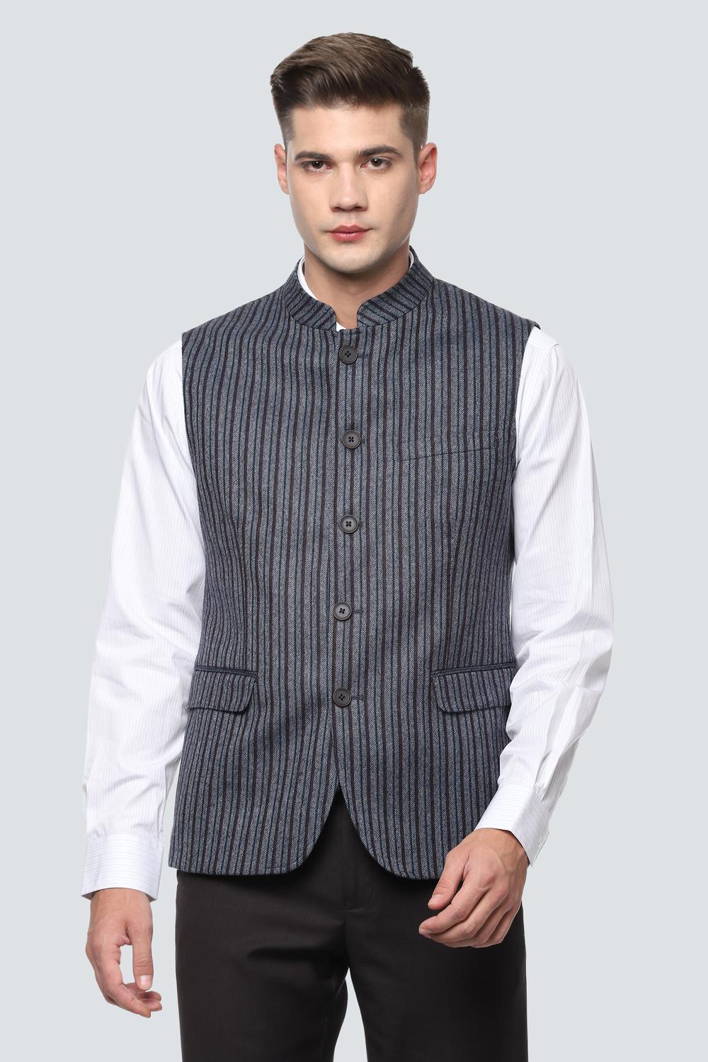 Men Blue Stripe Slim Fit Business Casual Nehru Jacket-Blue