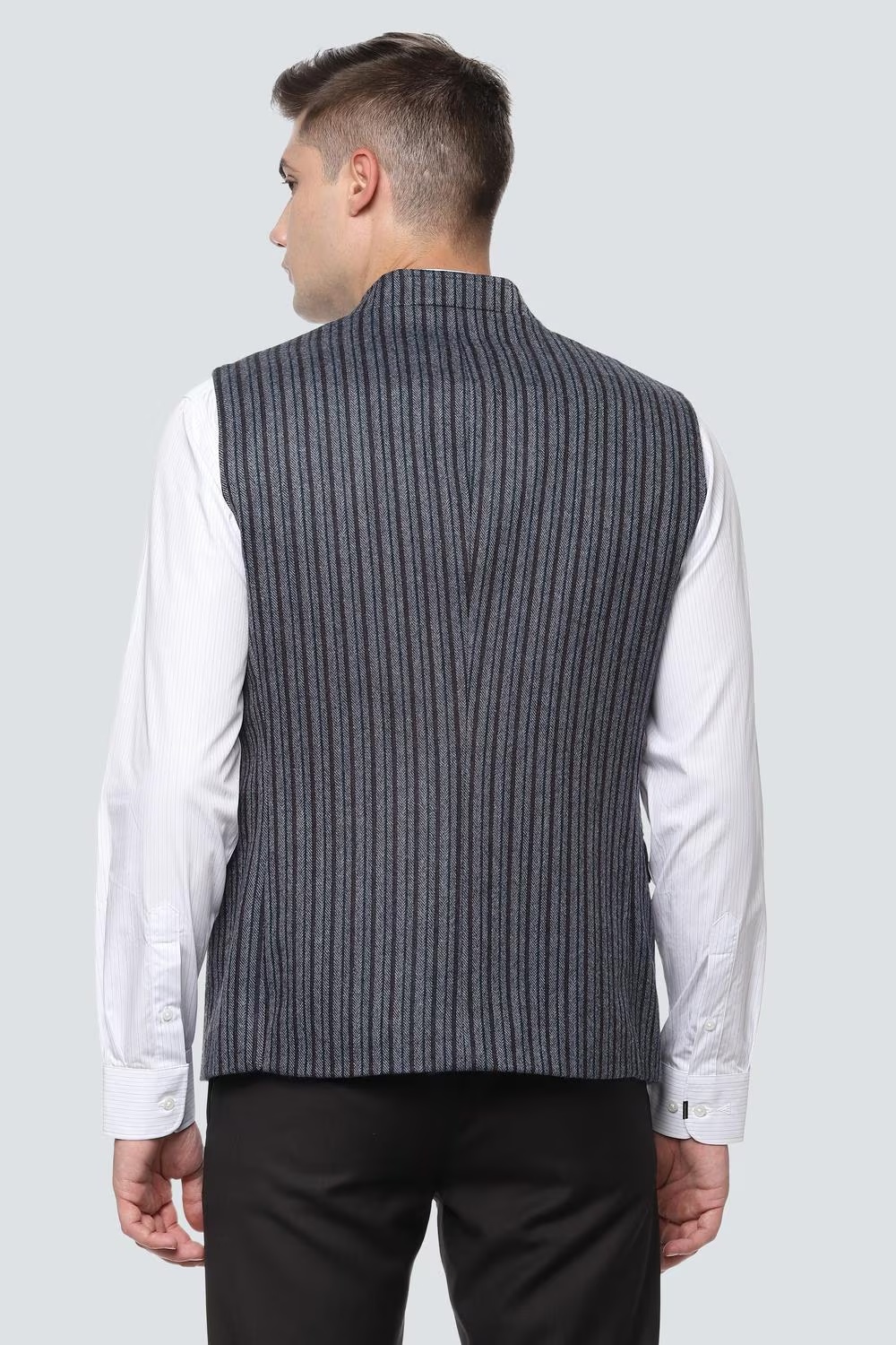 Men Blue Stripe Slim Fit Business Casual Nehru Jacket-Blue