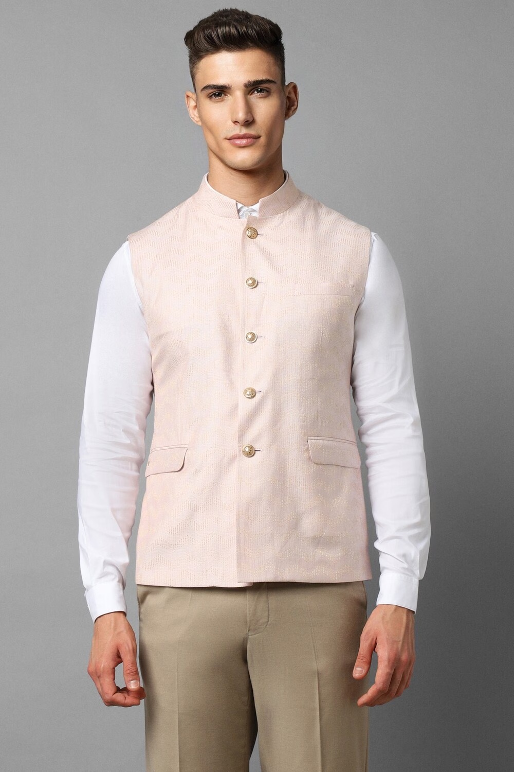 Men Beige Textured Slim Fit Party Nehru Jacket-Beige