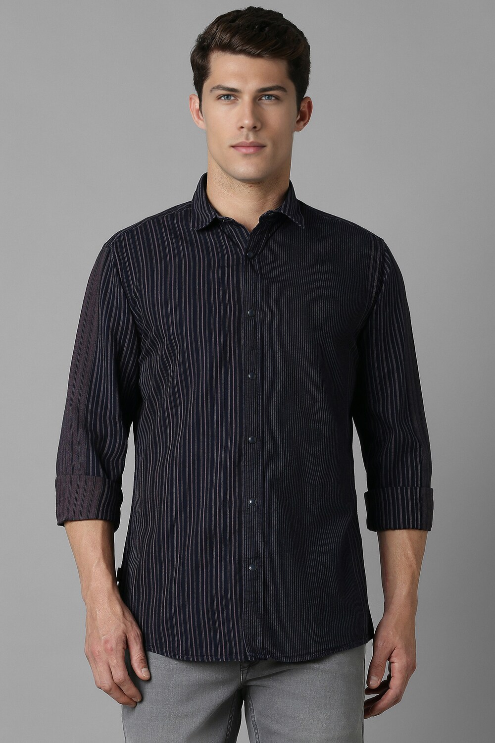 Men Black Slim Fit Stripe Full Sleeves Casual Shirt-Black