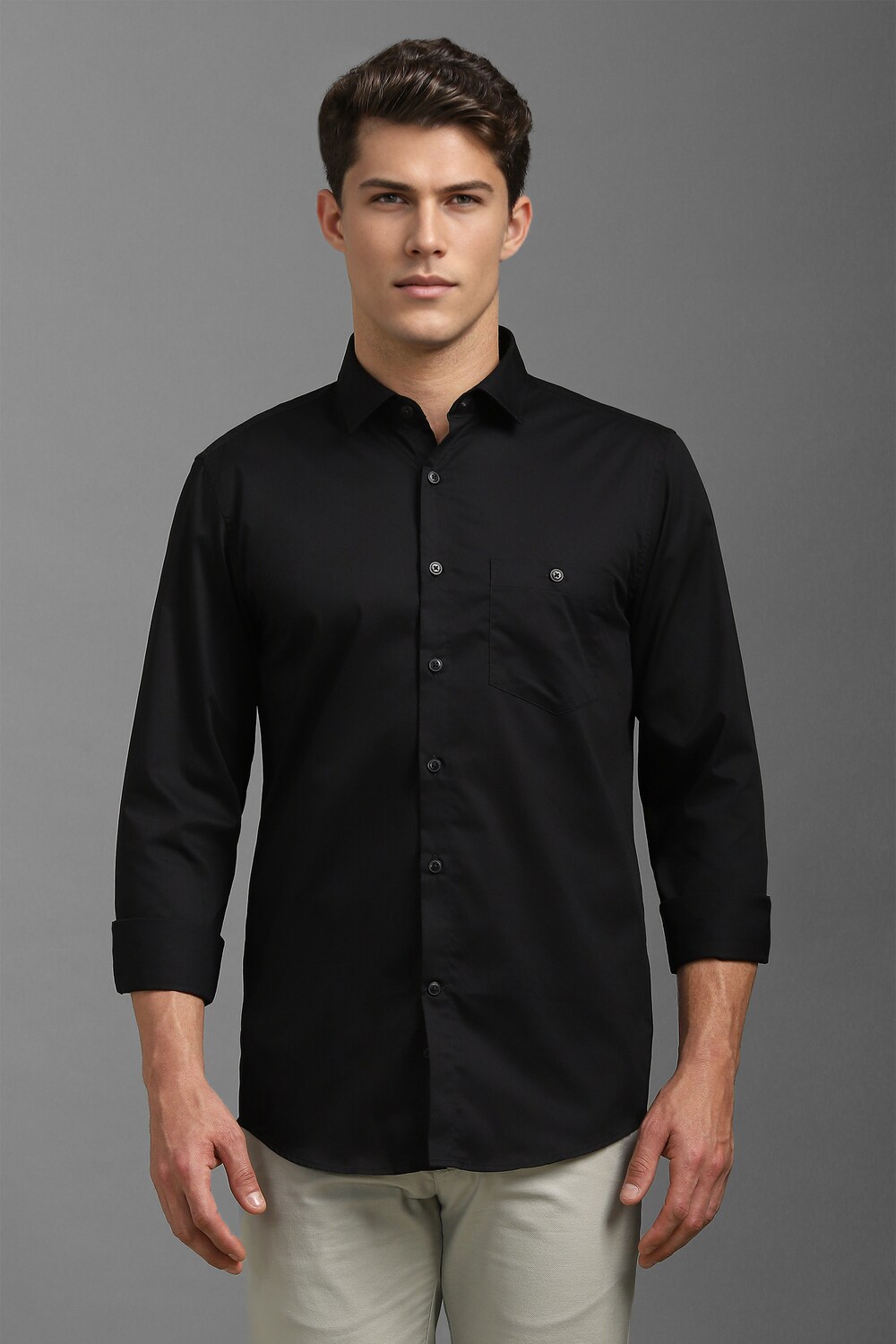 Men Black Slim Fit Solid Full Sleeves Casual Shirt-Black