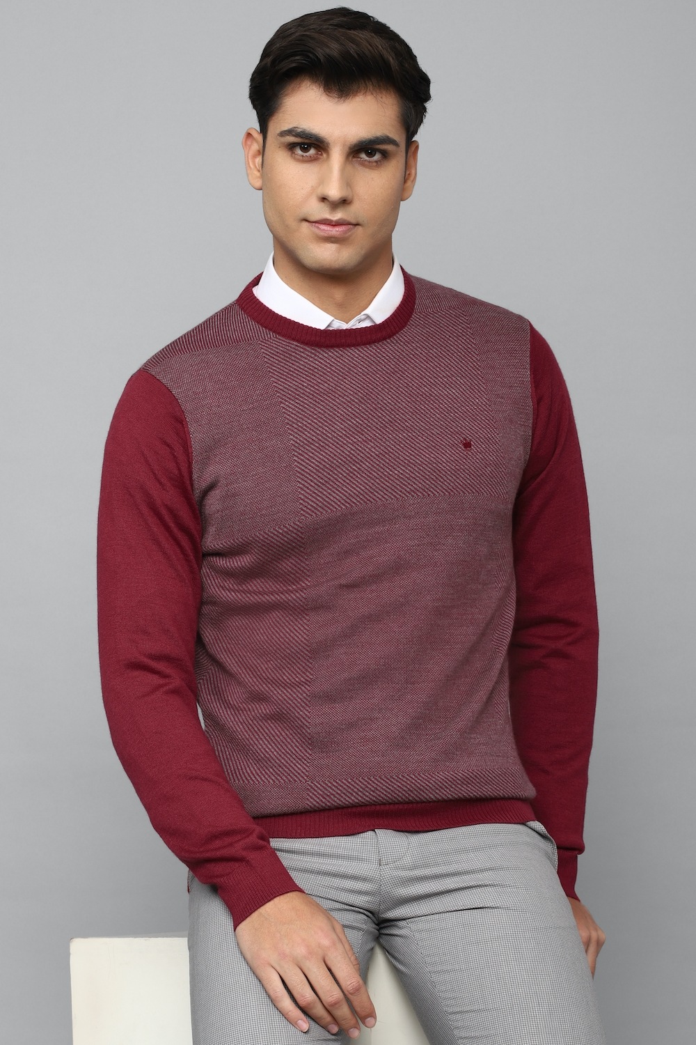 Men Maroon Textured Crew Neck Full Sleeves Sweater-Maroon