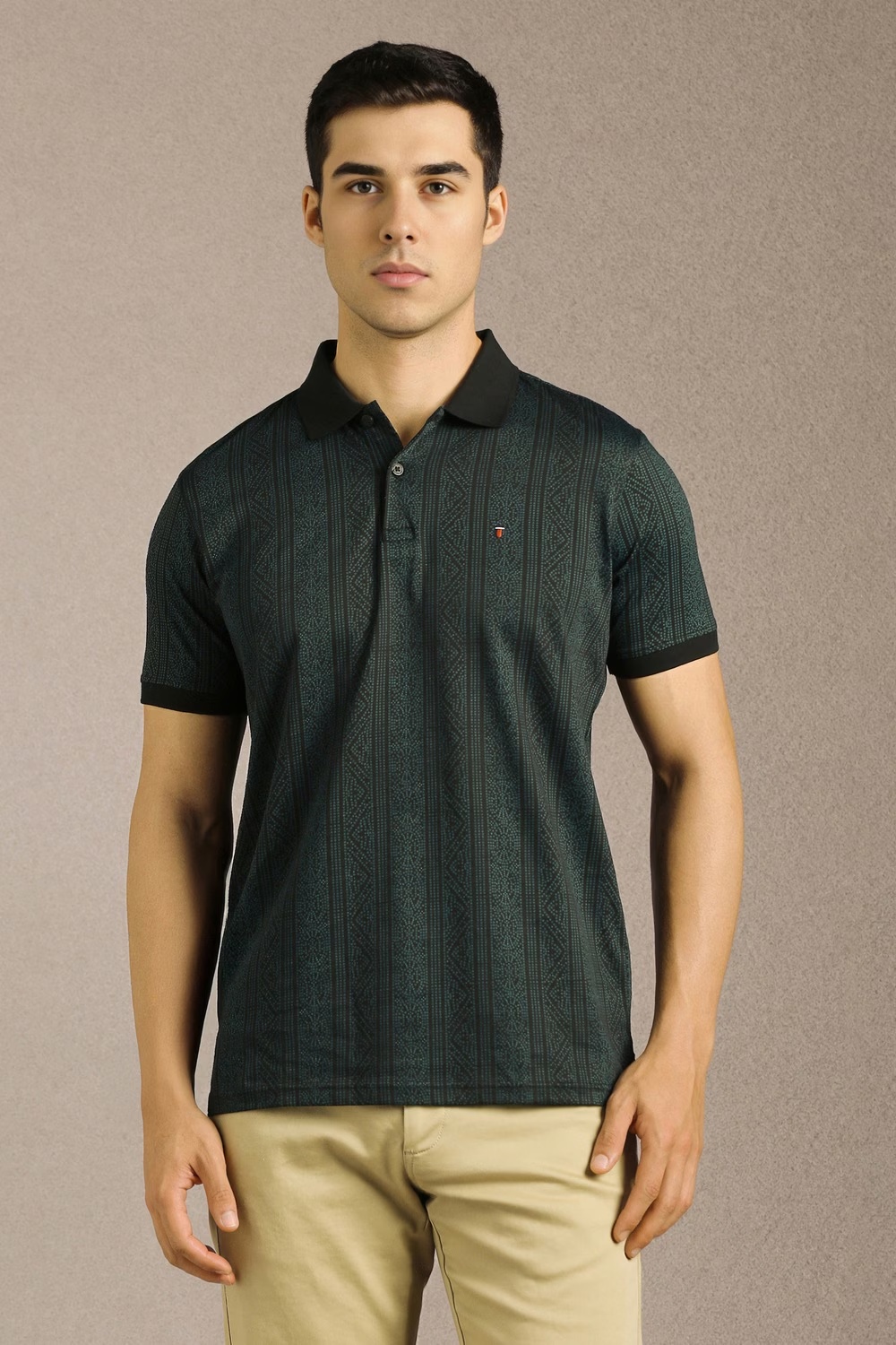 Men Black Print Polo Neck T-shirt-Black