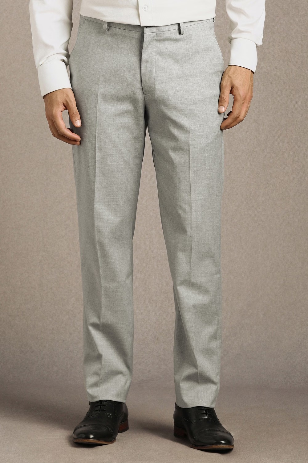 Men Grey Textured Flat Front Formal Trousers-Grey