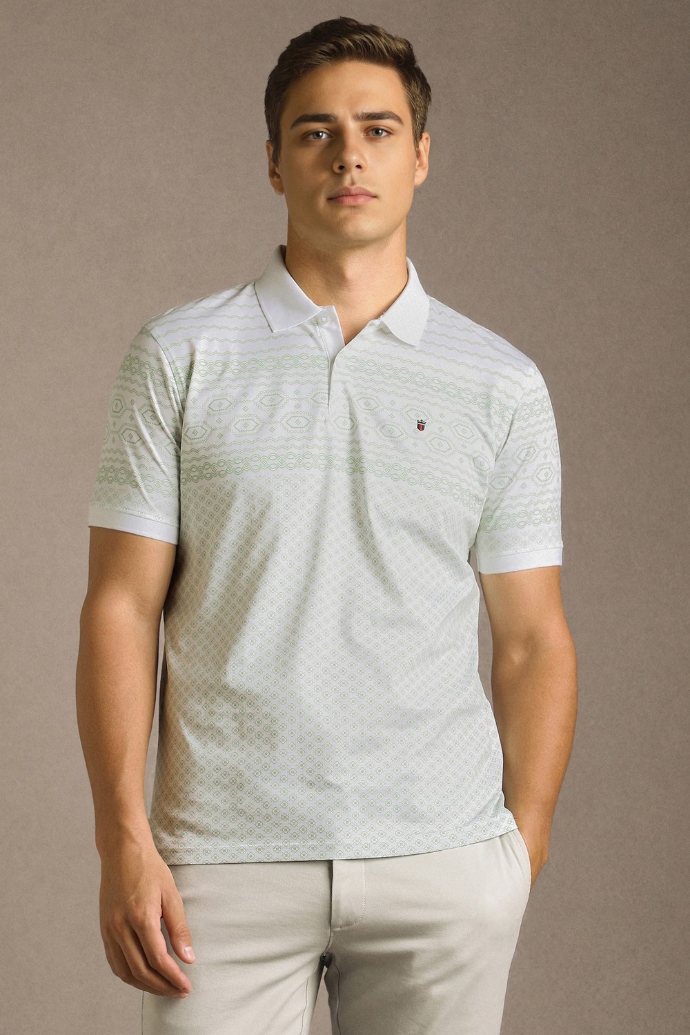Men White Print Polo Neck T-shirt-White