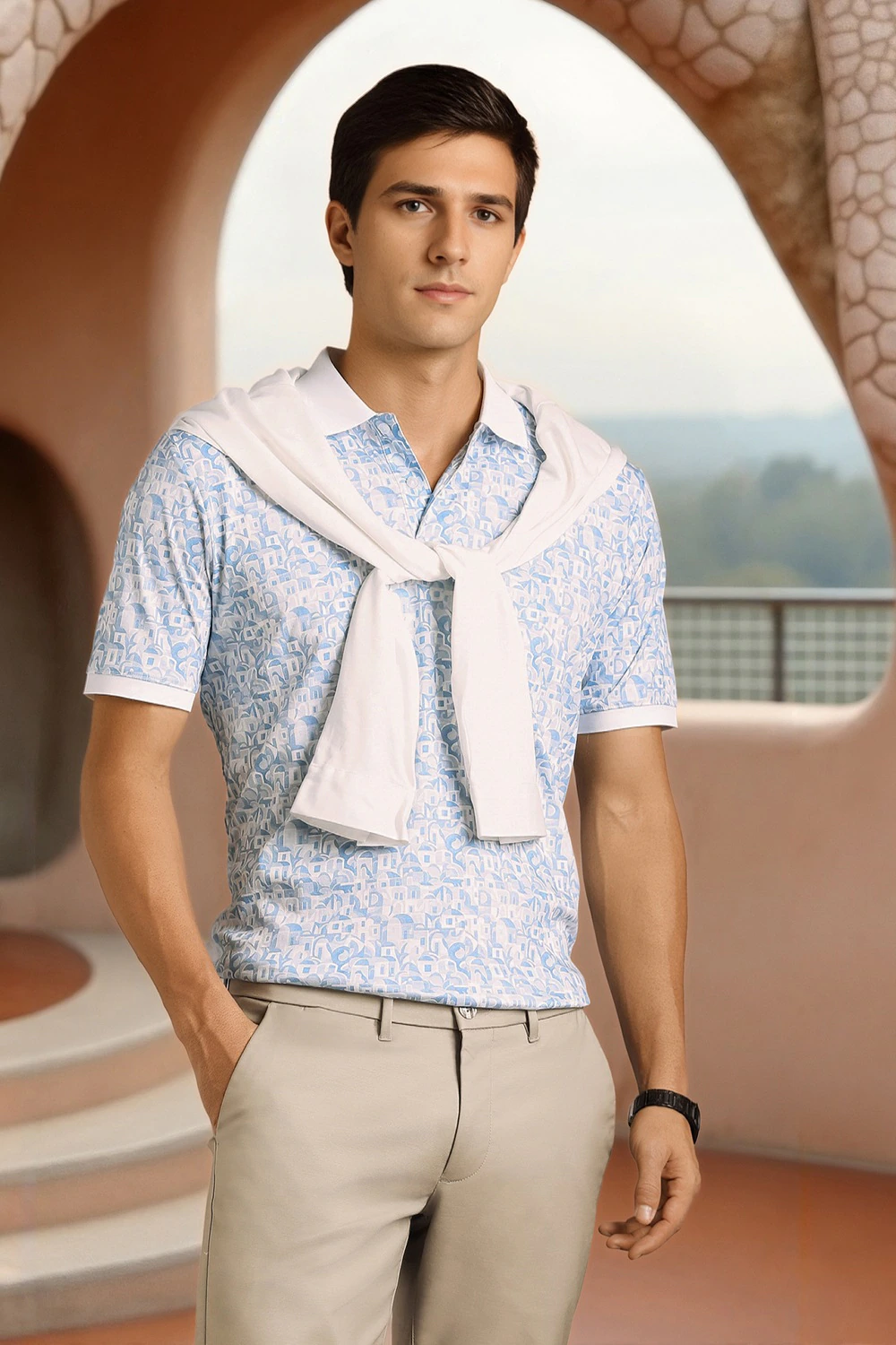 Men Light Blue Print Polo Neck T-shirt-Light Blue