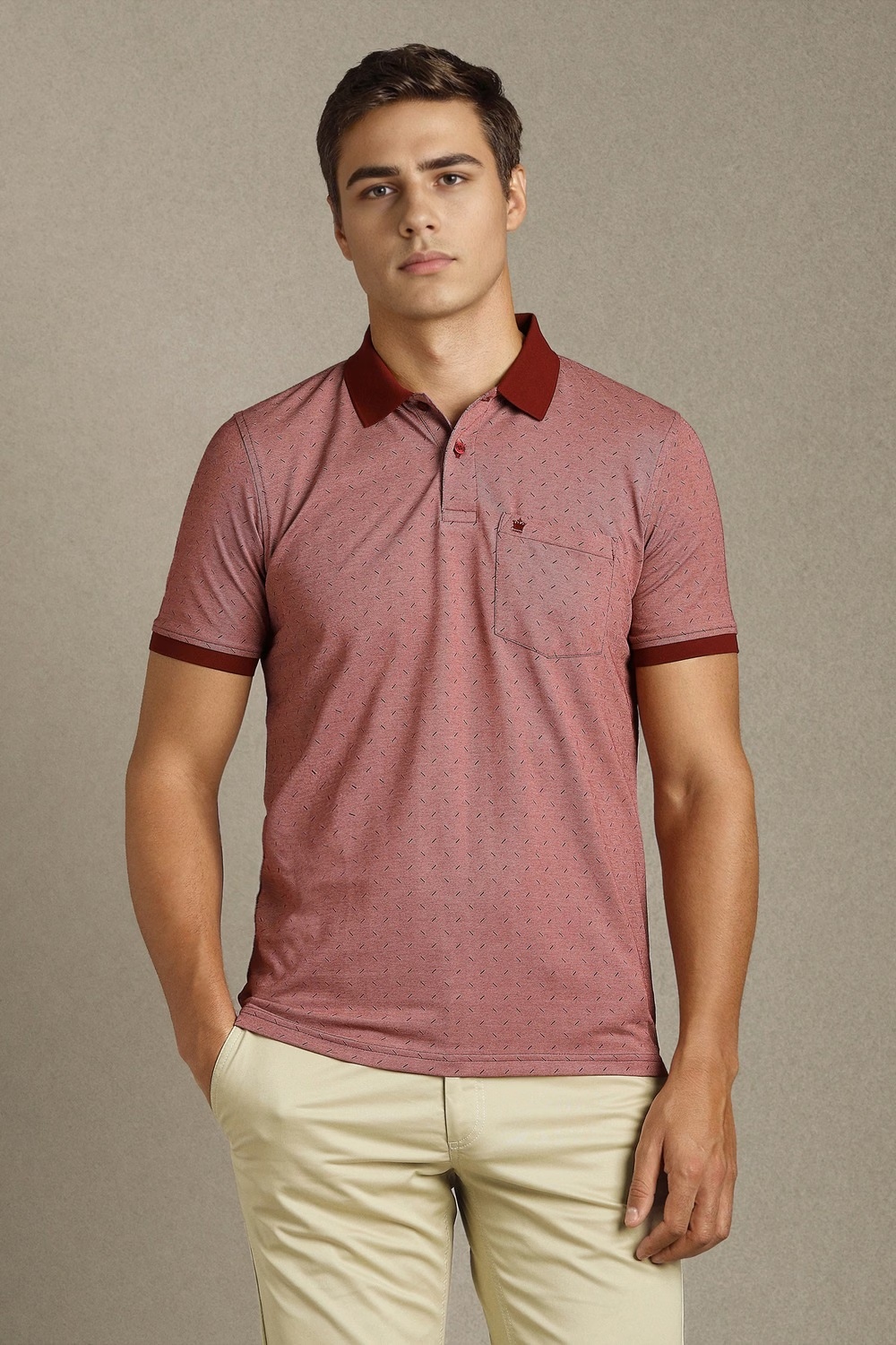 Men Maroon Print Polo Neck T-shirt-Maroon