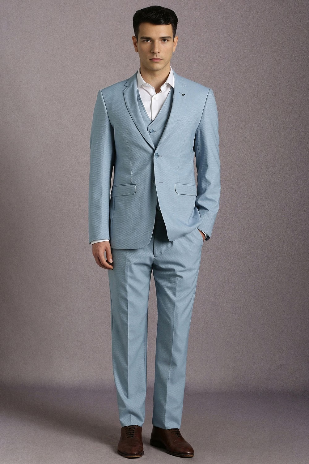 Men Light Blue Textured Formal Three Piece Suit-Light Blue