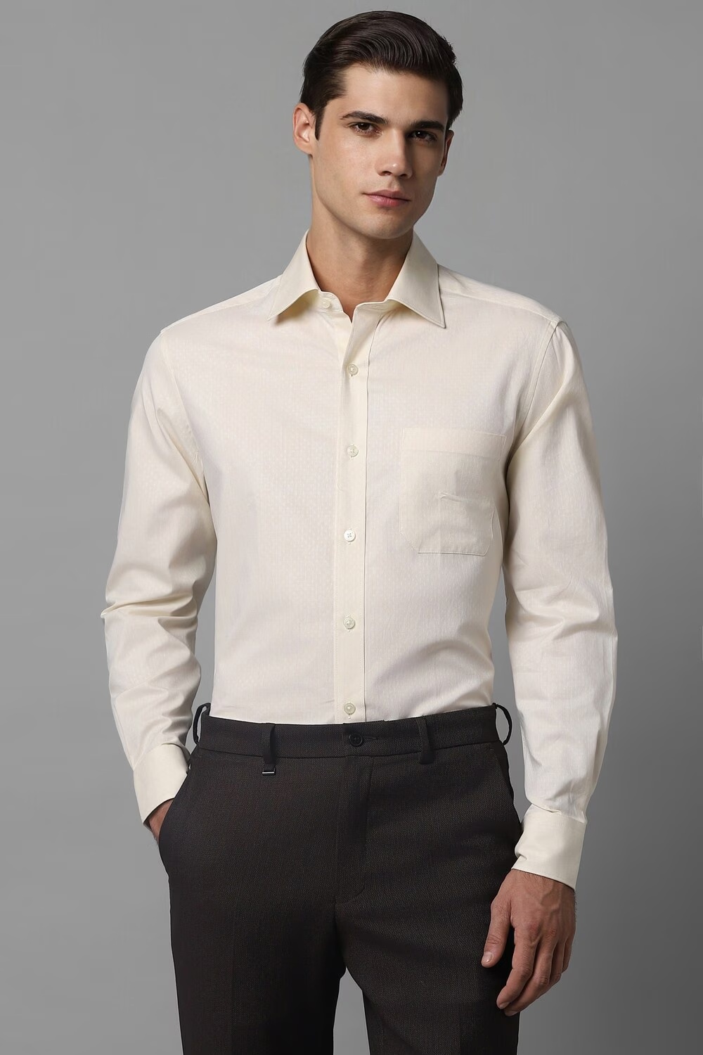 Men Cream Classic Fit Textured Full Sleeves Formal Shirt-Cream