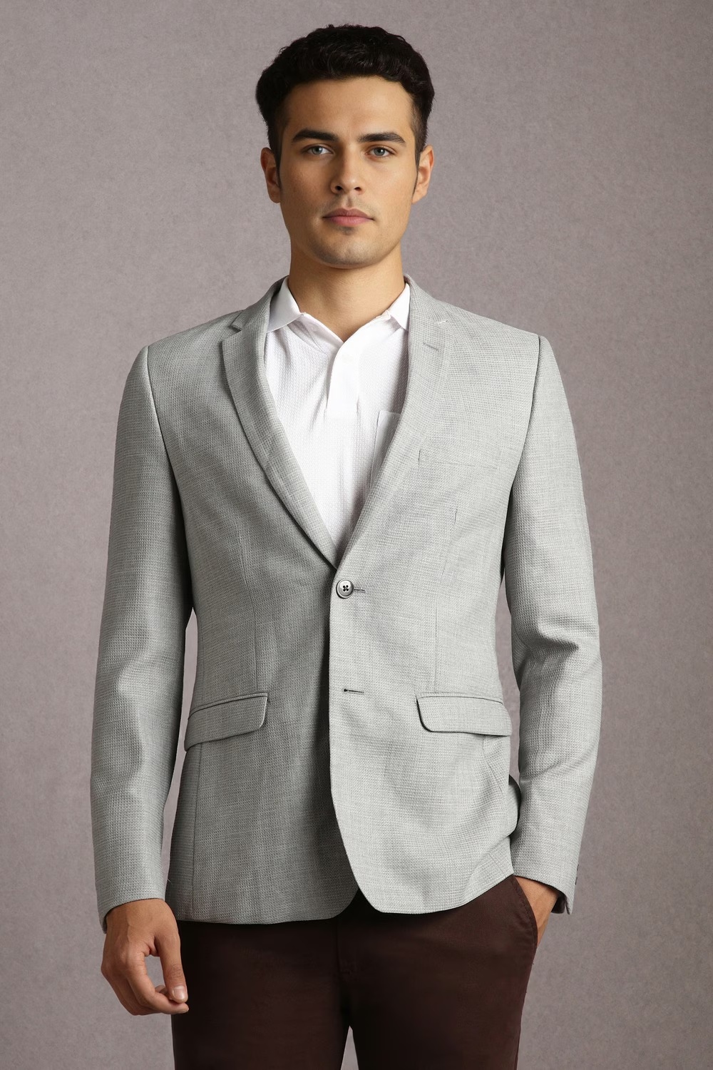 Men Grey Textured Casual Blazer-Grey
