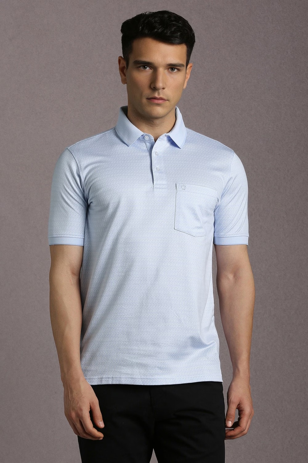 Men Light Blue Print Polo Neck T-shirt-Light Blue