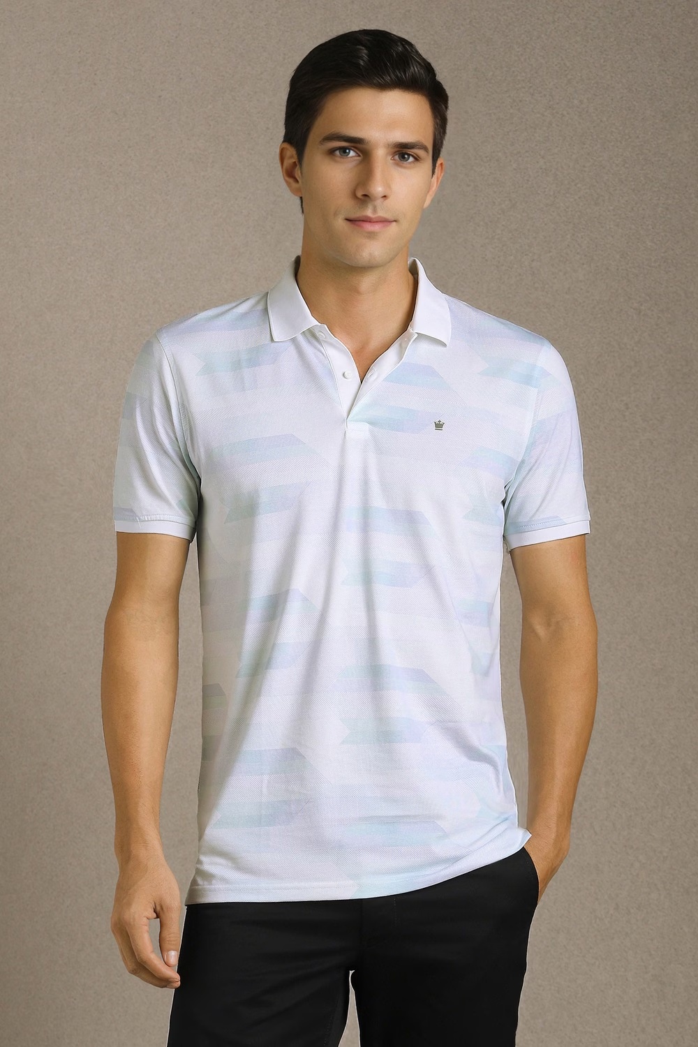Men White Print Polo Neck T-shirt-White