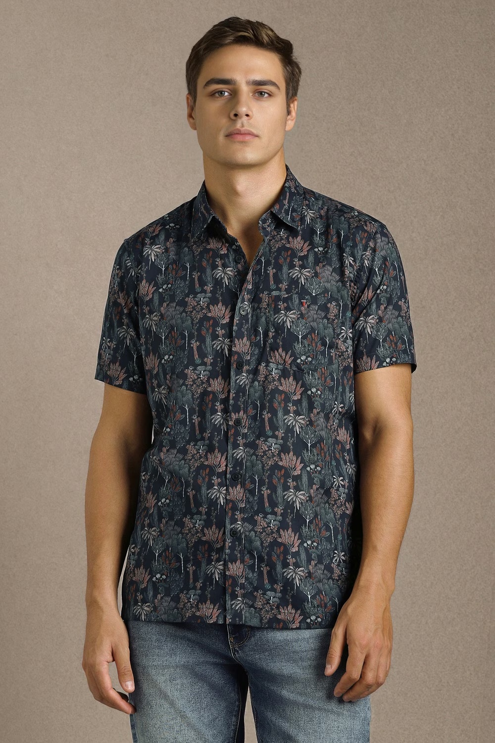 Men Navy Print Half Sleeves Casual Shirt-Navy