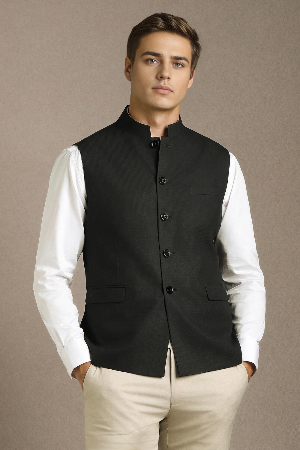 Men Black Textured Casual Nehru Jacket-Black