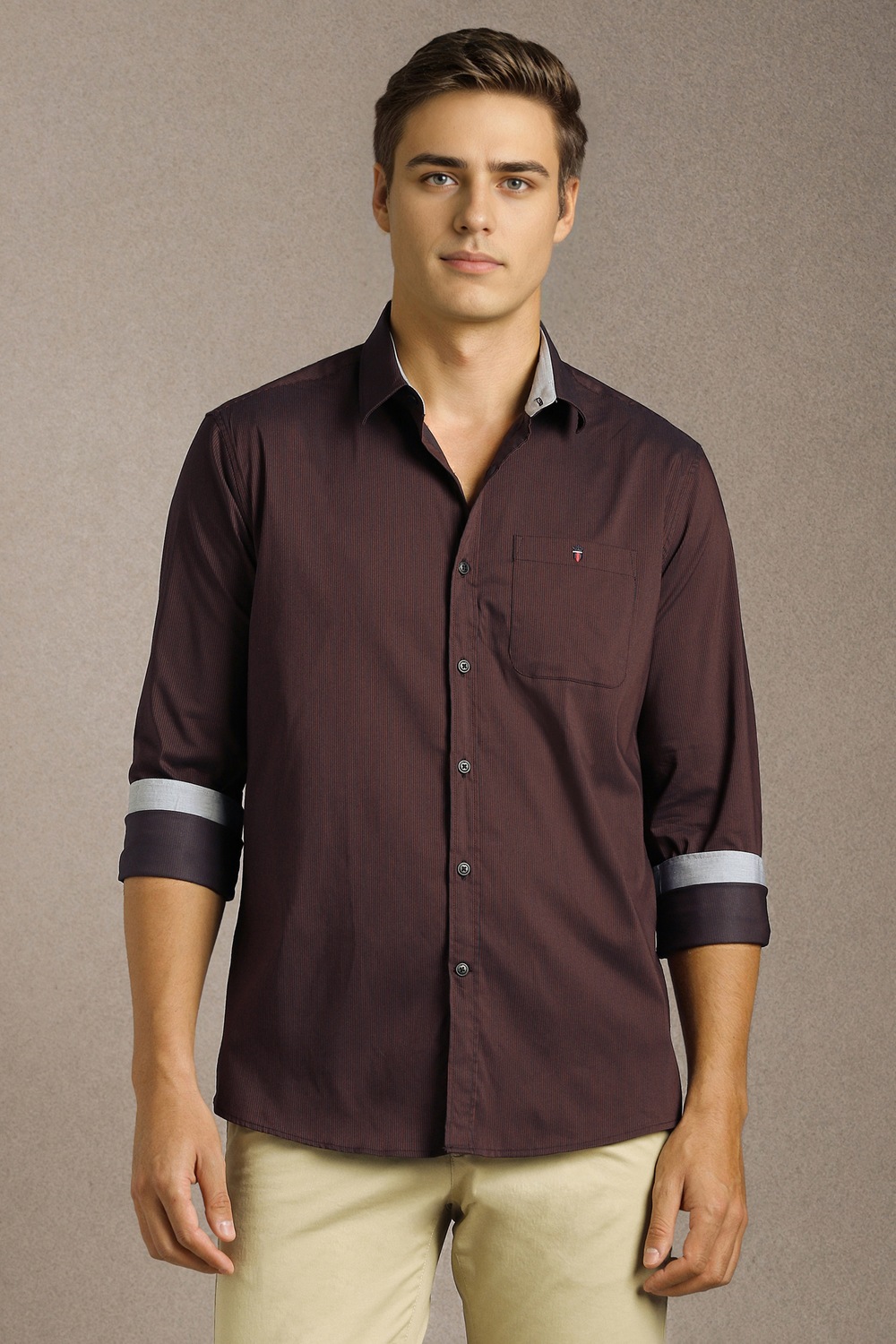 Men Maroon Stripe Full Sleeves Casual Shirt-Maroon