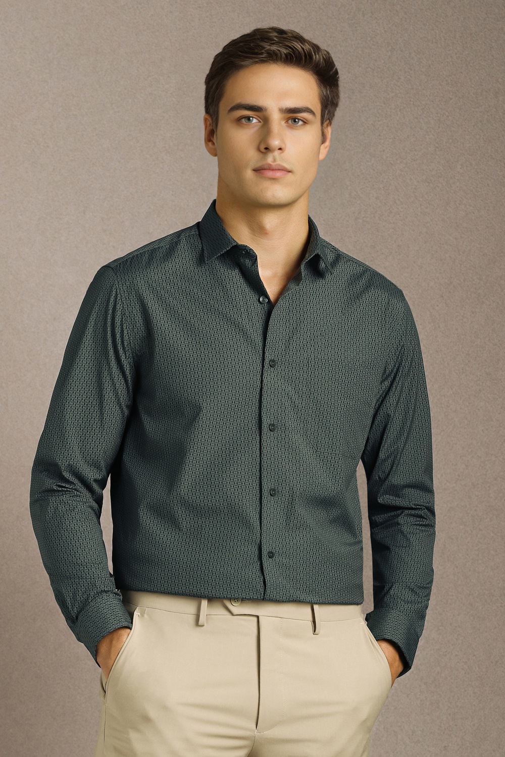 Men Green Print Full Sleeves Formal Shirt-Green