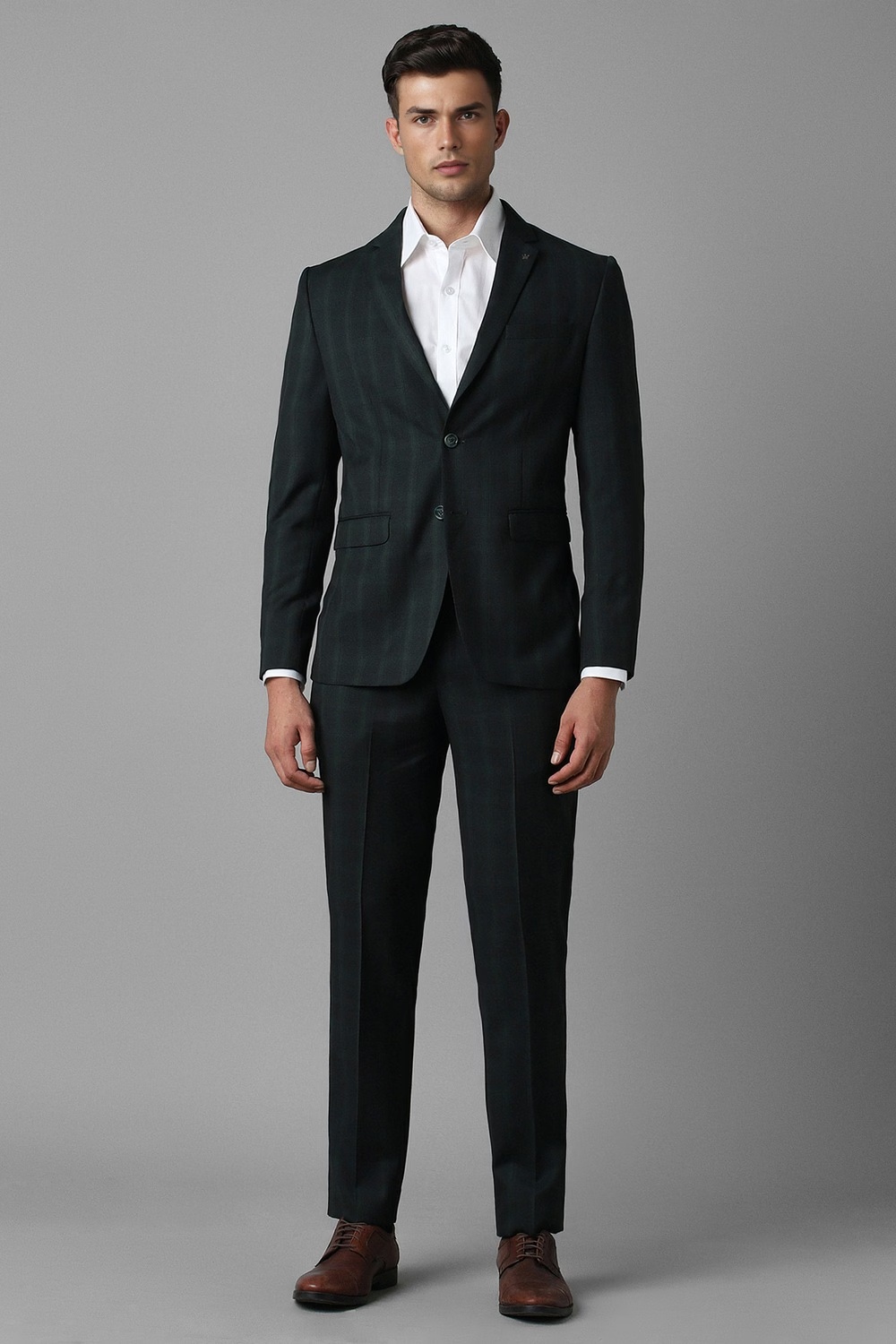 Men Green Slim Fit Check Formal Two Piece Suit-Green