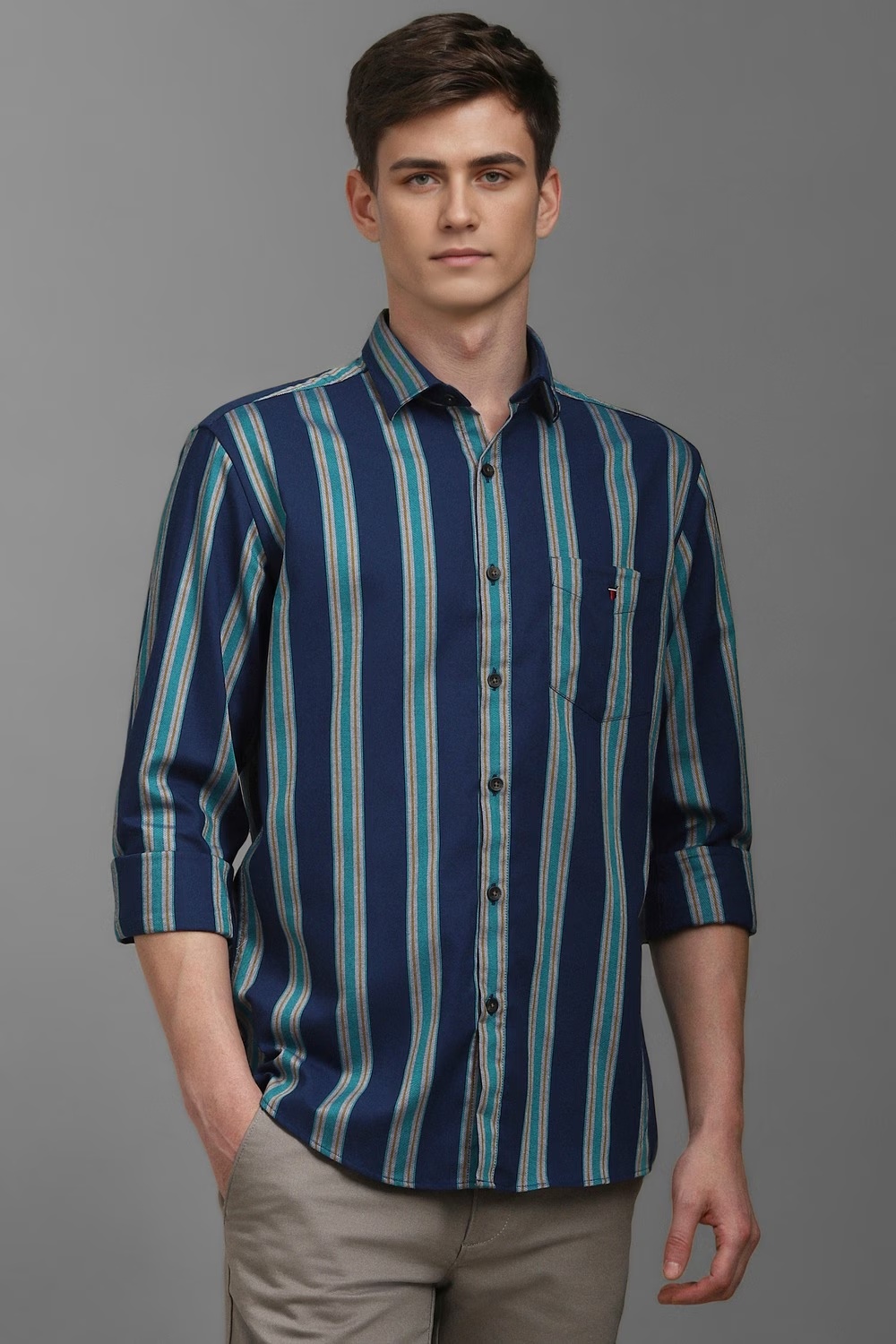 Men Navy Slim Fit Stripe Full Sleeves Casual Shirt-Navy