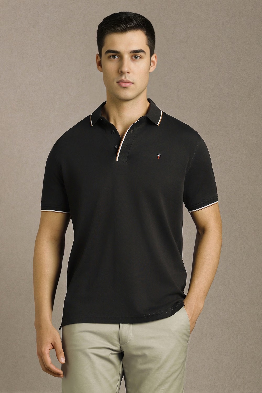 Men Black Solid Polo Neck T-shirt-Black