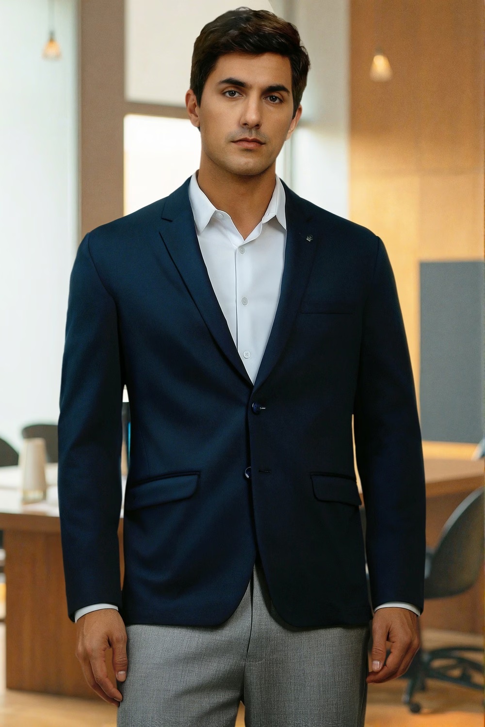 Men Navy Slim Fit Solid Formal Blazer-Navy