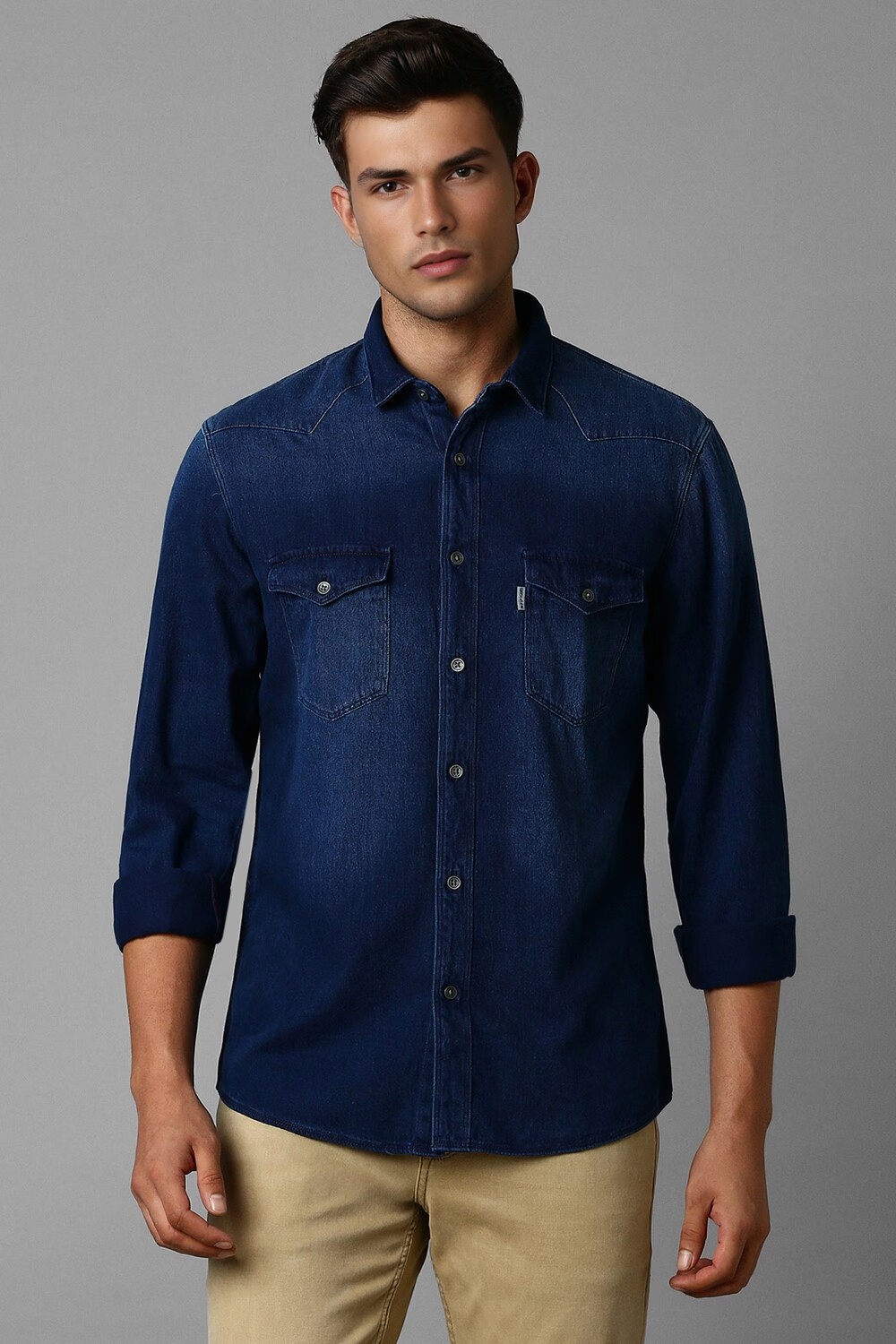 Men Navy Slim Fit Solid Full Sleeves Casual Shirt-Navy
