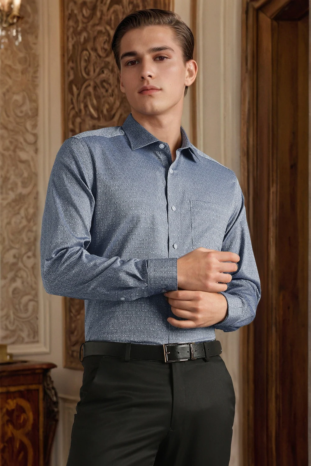 Men Blue Print Full Sleeves Formal Shirt-Blue