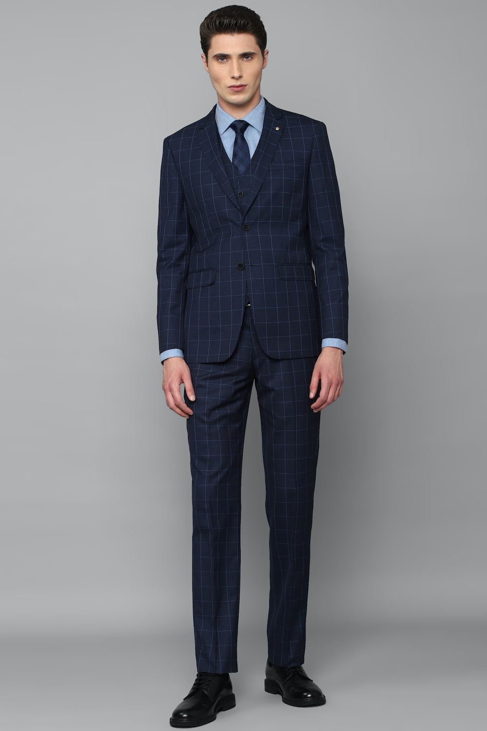 Men Navy Slim Fit Check Formal Three Piece Suit-Navy