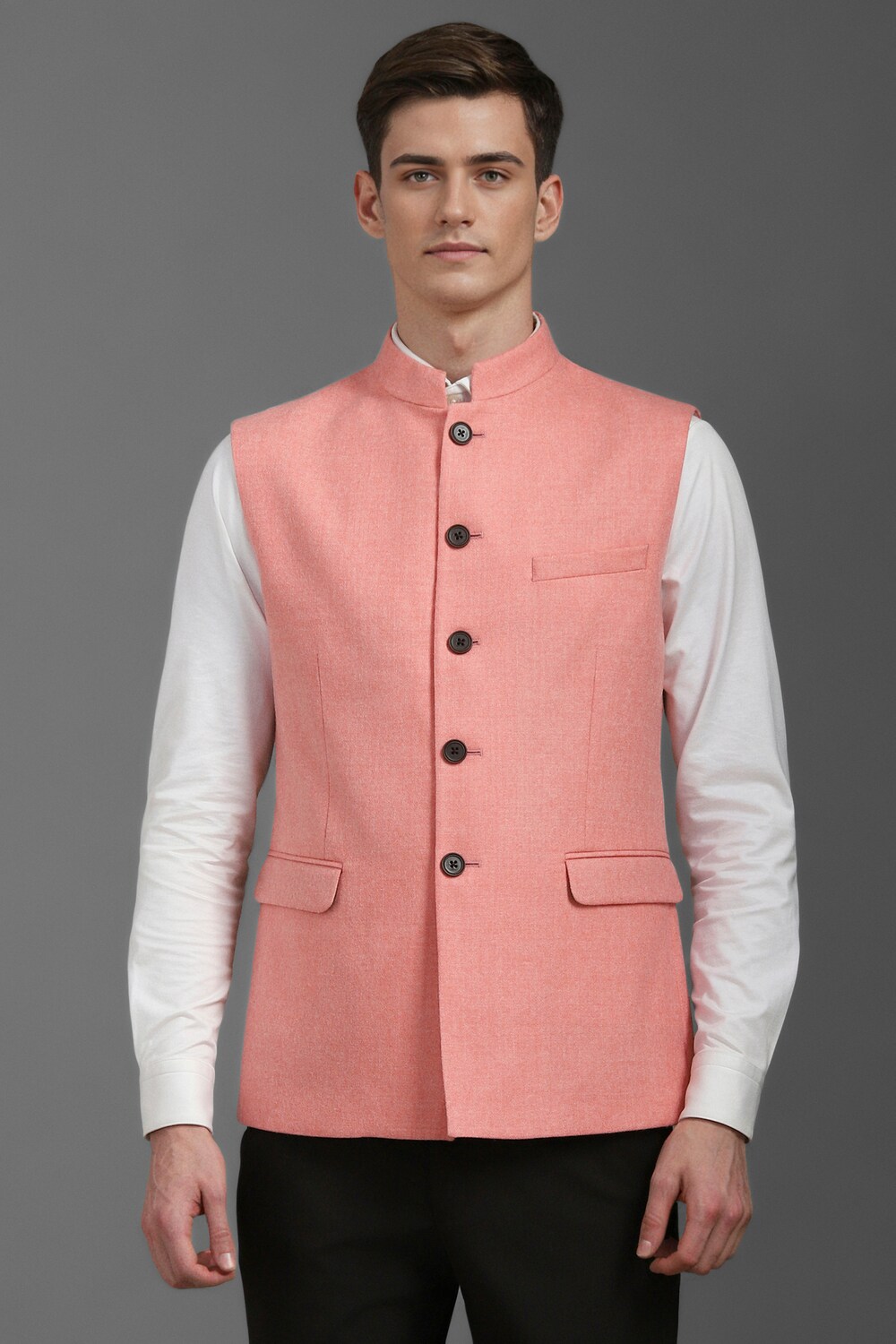 Men Peach Textured Slim Fit Casual Nehru Jacket-Peach